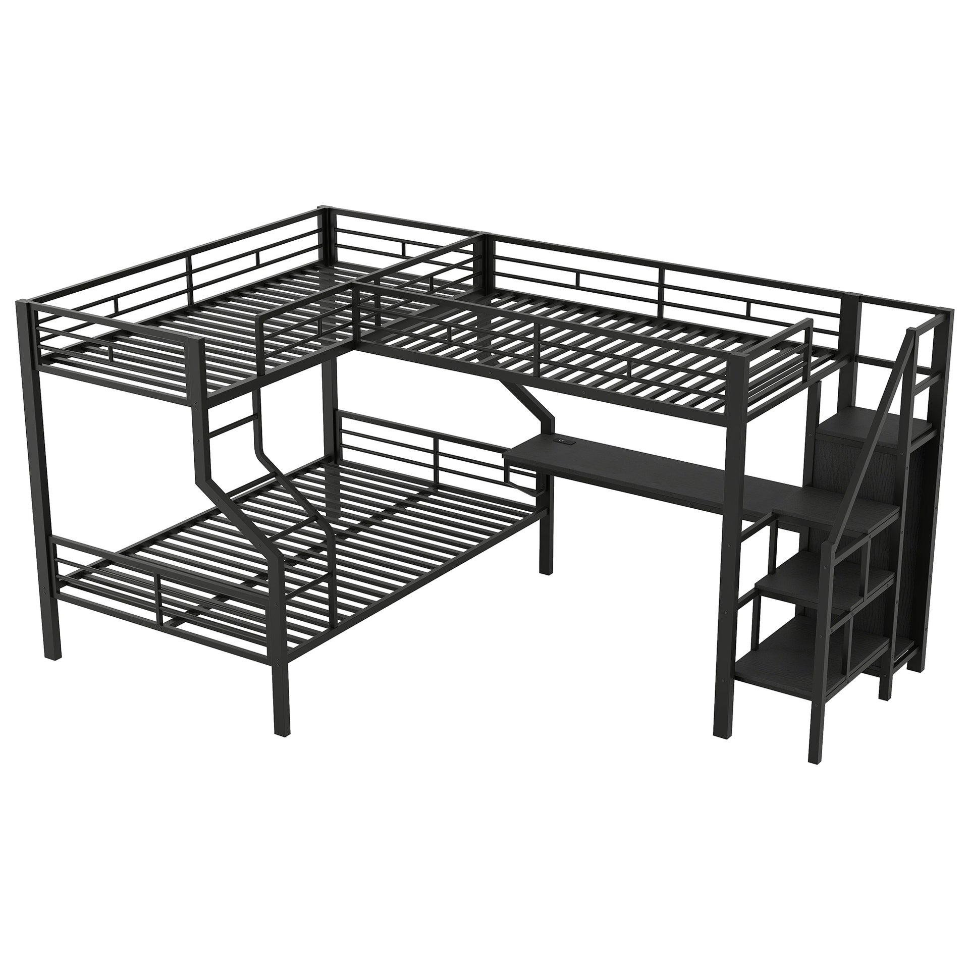 Twin over full L-shaped bunk & loft bed, Built-in Wardrobe and Desk with USB