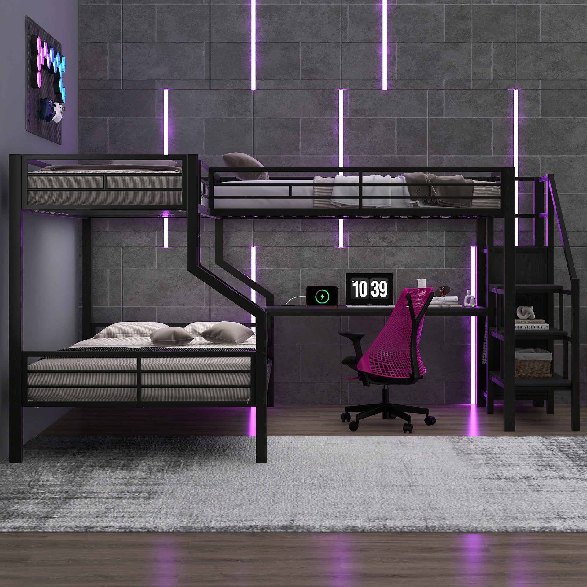 Twin over full L-shaped bunk & loft bed, Built-in Wardrobe and Desk with USB