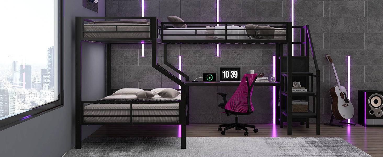 Twin over full L-shaped bunk & loft bed, Built-in Wardrobe and Desk with USB