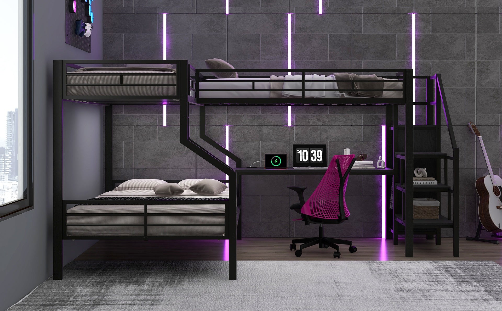 Twin over full L-shaped bunk & loft bed, Built-in Wardrobe and Desk with USB