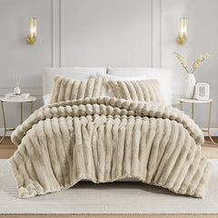3 PCS King Ultrasoft Faux Fur Ribbed Comforter Set Taupe