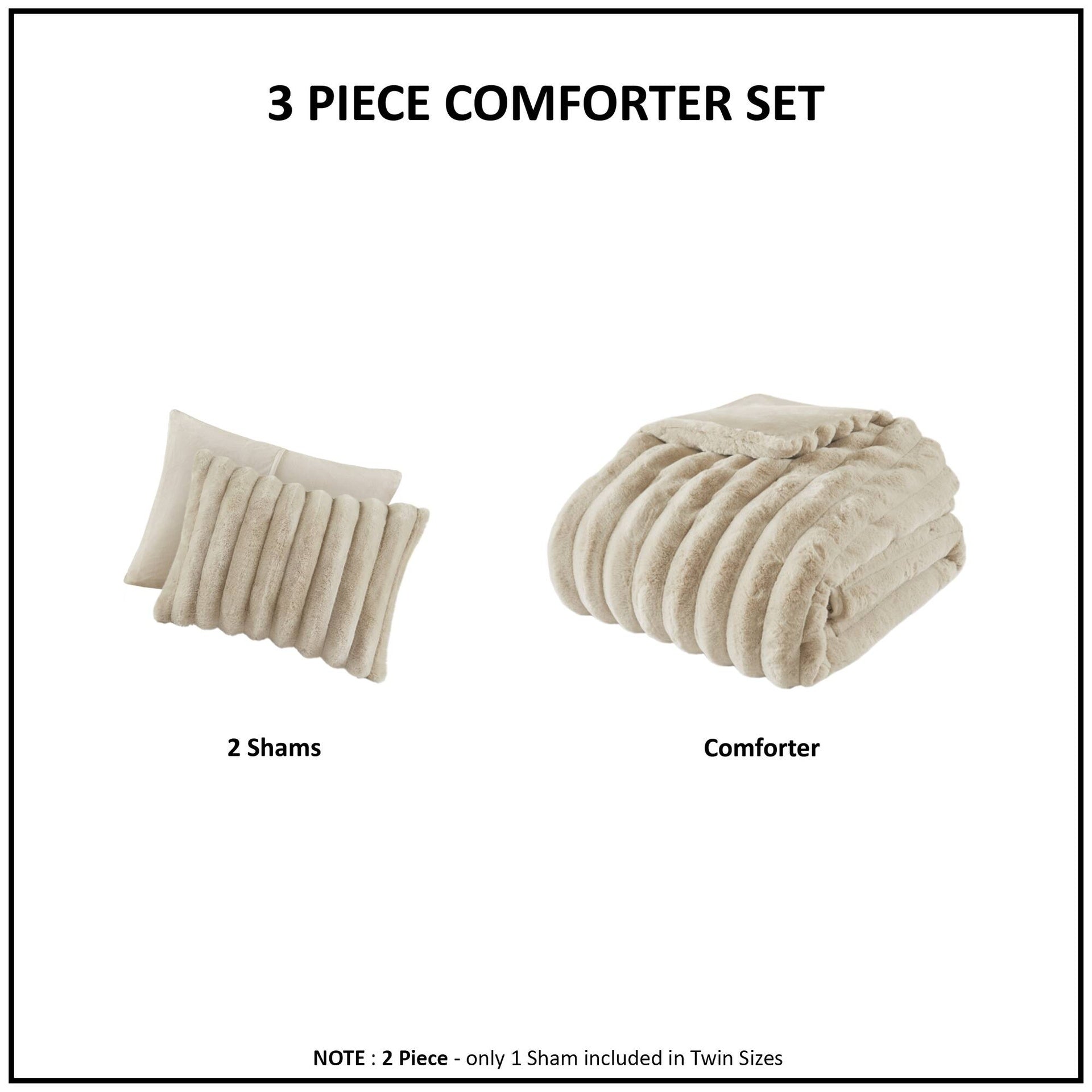 3 PCS King Ultrasoft Faux Fur Ribbed Comforter Set Taupe