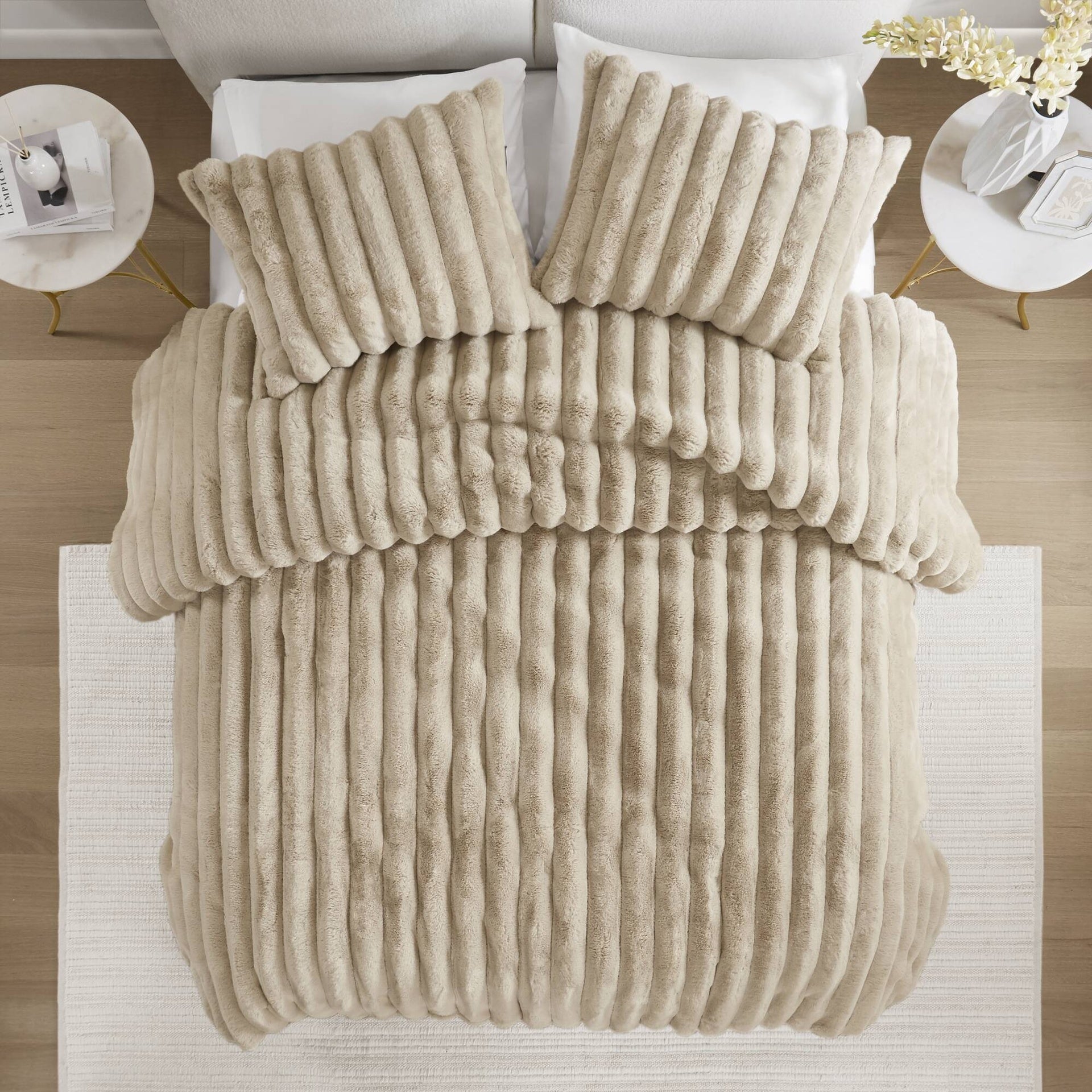 3 PCS King Ultrasoft Faux Fur Ribbed Comforter Set Taupe