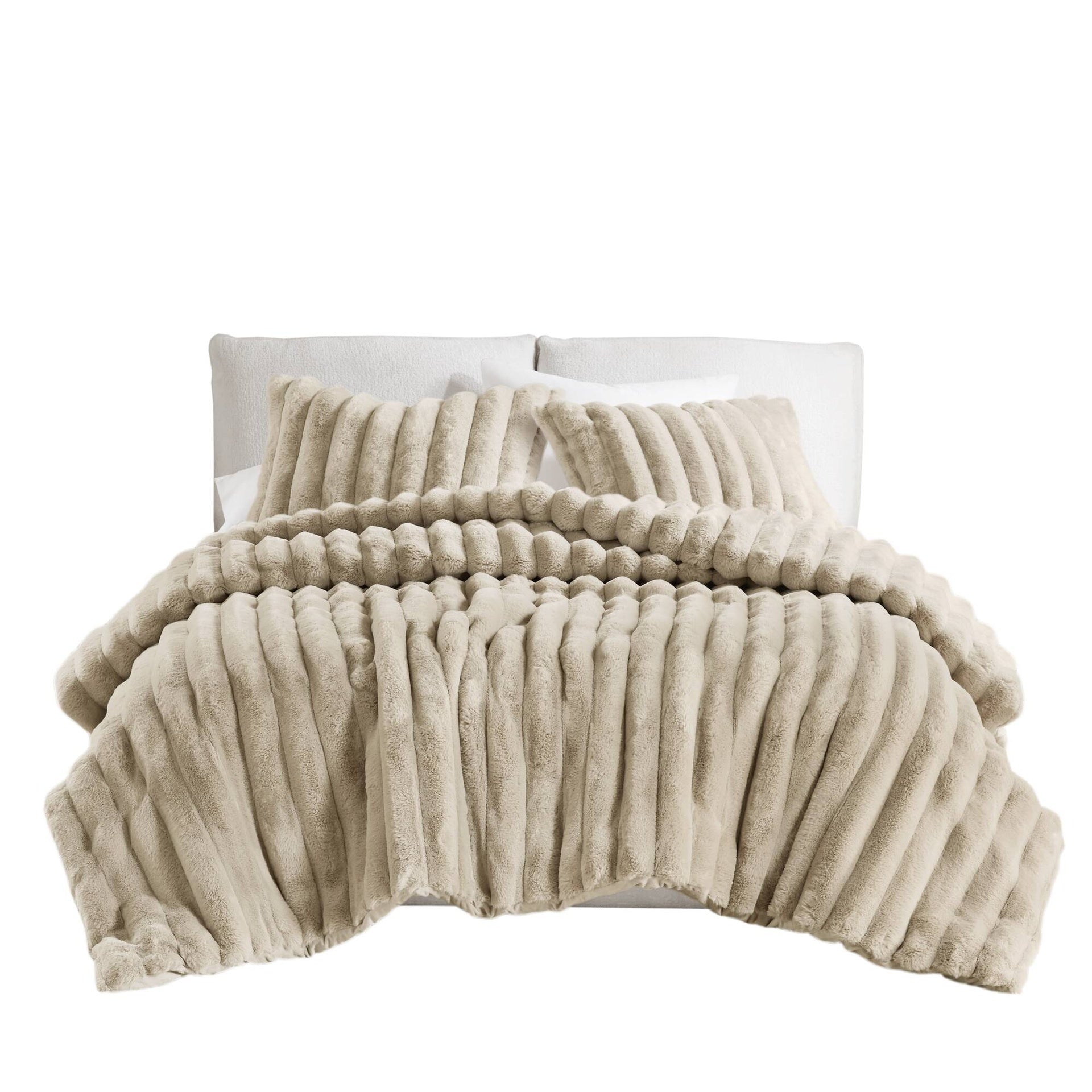 3 PCS King Ultrasoft Faux Fur Ribbed Comforter Set Taupe