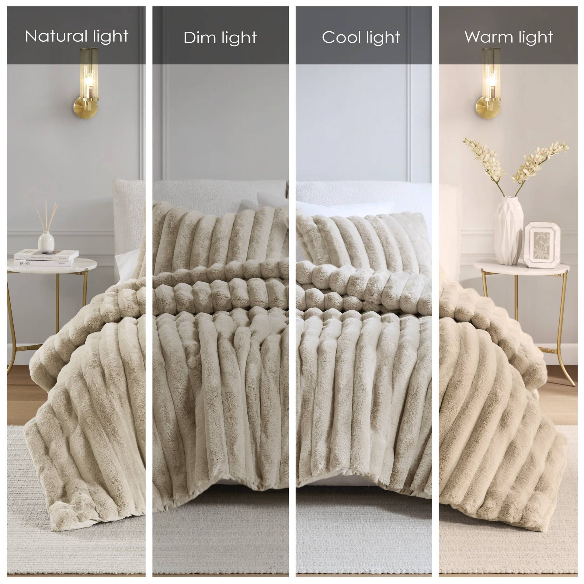 3 PCS King Ultrasoft Faux Fur Ribbed Comforter Set Taupe