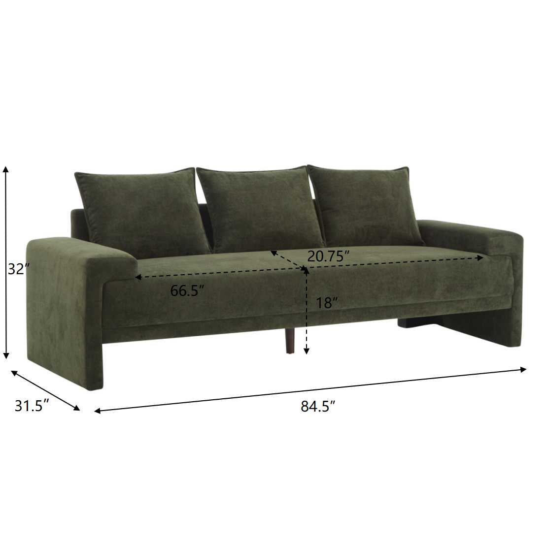 Algora 84.5 in. 3 Seater Modern Upholstered Velvet Sofa,Moss Green