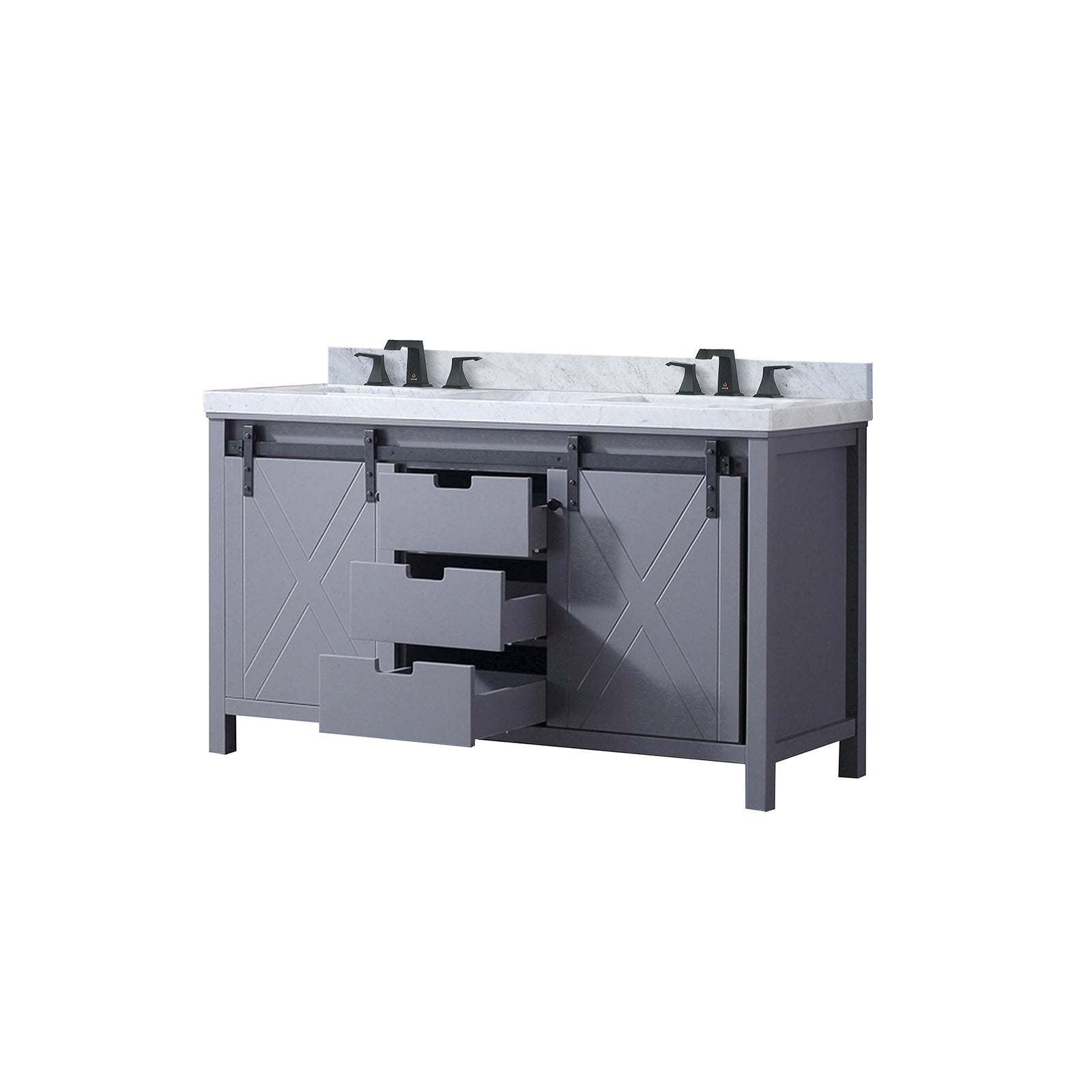 Dark Grey Double Bath Vanity 60 in. W x 22 in. D, Carrara Marble Countertop and Faucet Set