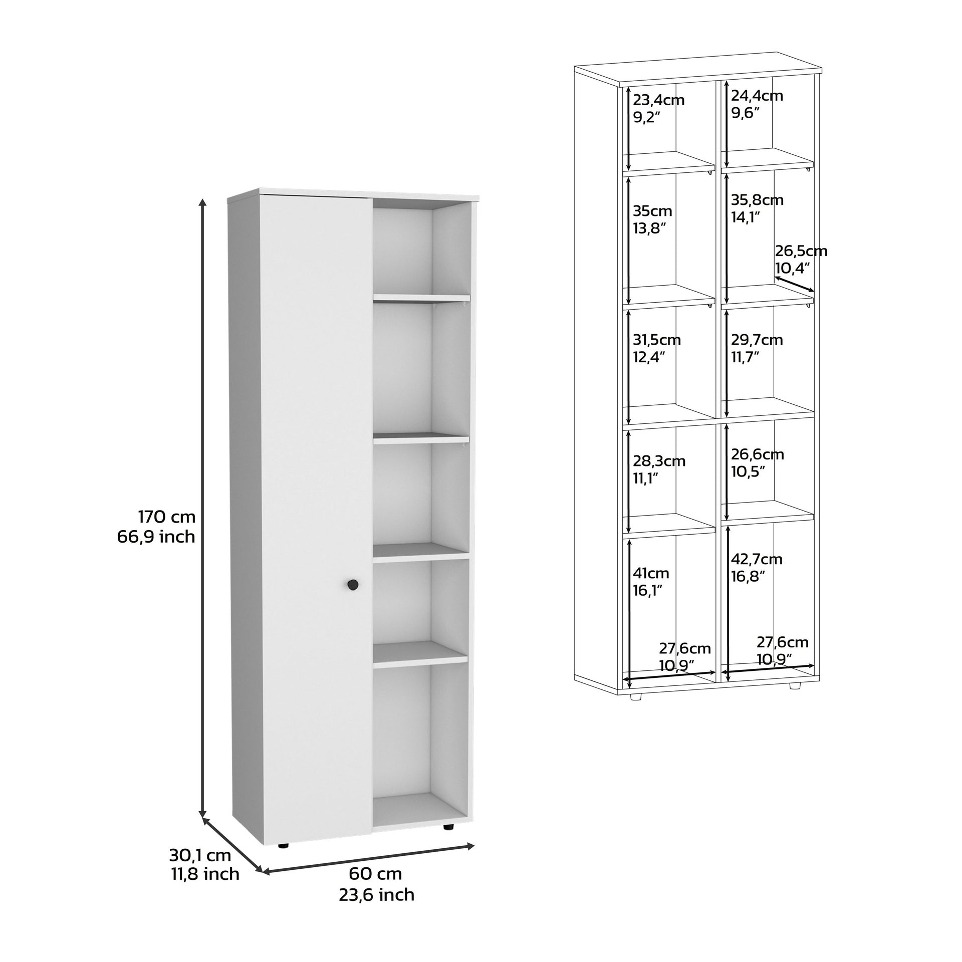 DEPOT E-SHOP Cary 67" H Kitchen Storage Cabinet With One Door, Five Interior Shelves and Five Exterior Shelves,White
