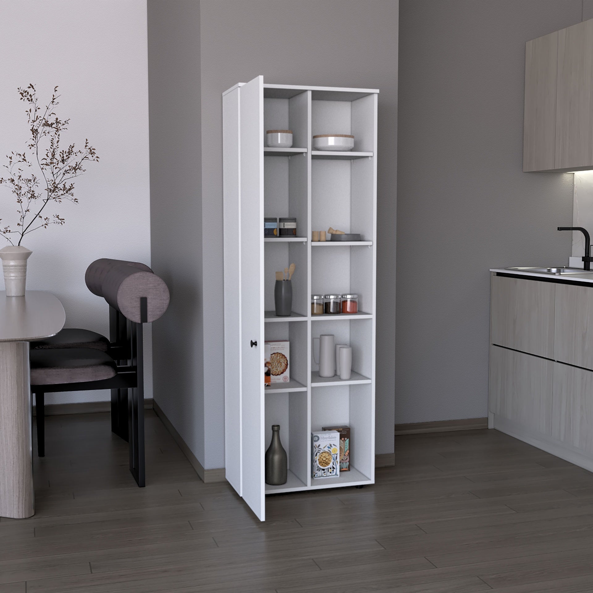 DEPOT E-SHOP Cary 67" H Kitchen Storage Cabinet With One Door, Five Interior Shelves and Five Exterior Shelves,White