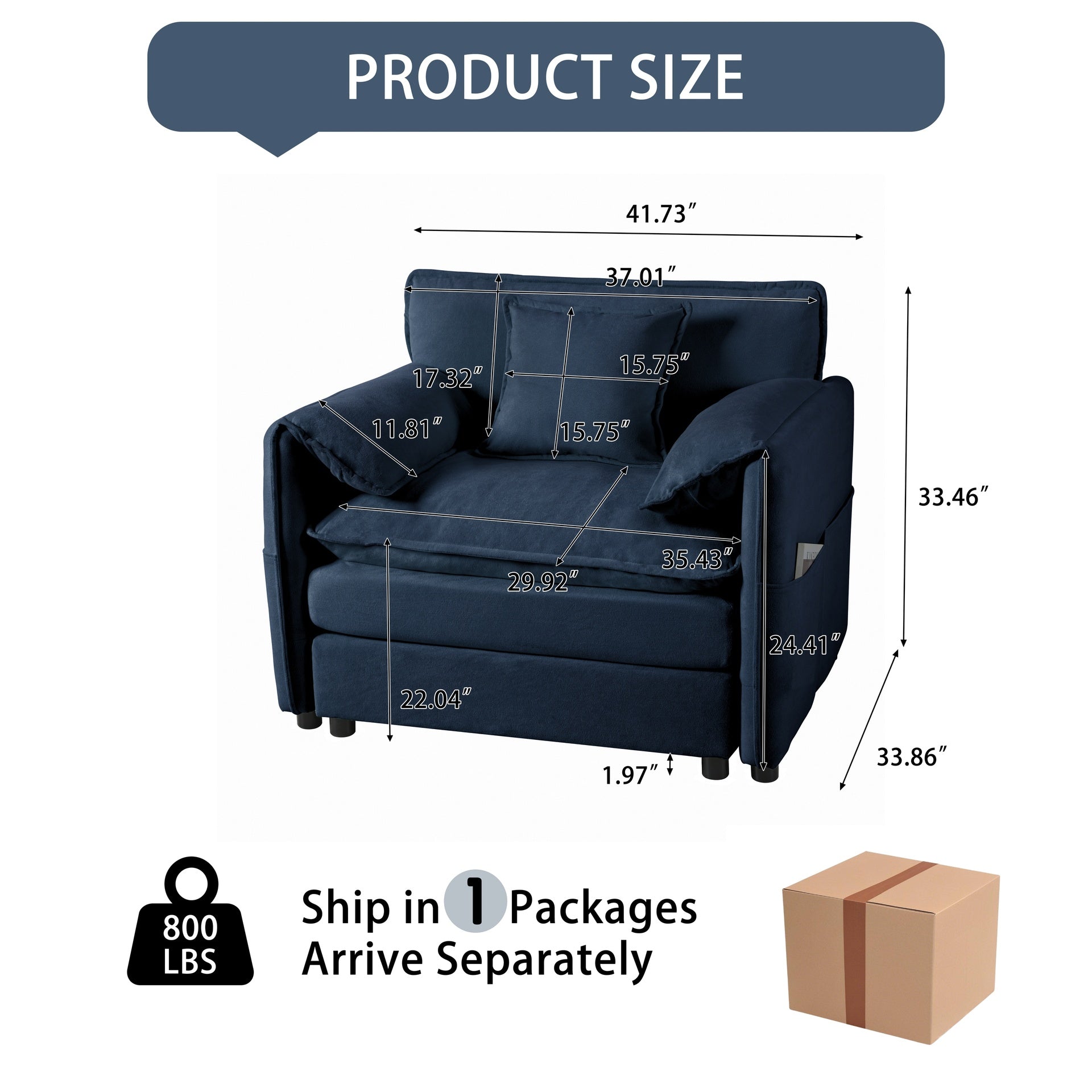 Oversized 41.73" Chenille Armchair with 1 Toss Pillow, Modern Modular Reading Chair for Living Room or Bedroom, Deep-Seat DIY Sectional Sofa,Chenille,Blue