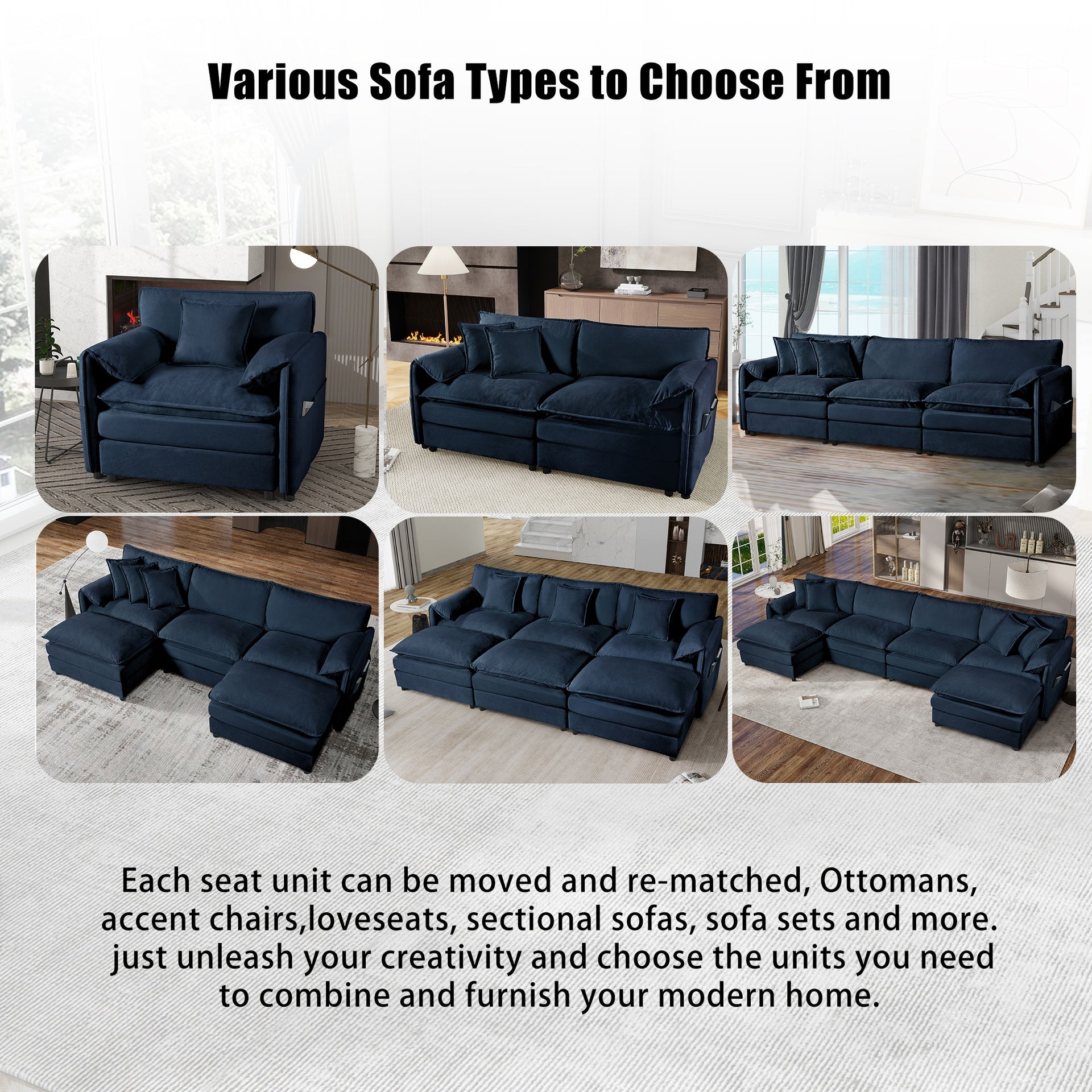 Oversized 41.73" Chenille Armchair with 1 Toss Pillow, Modern Modular Reading Chair for Living Room or Bedroom, Deep-Seat DIY Sectional Sofa,Chenille,Blue