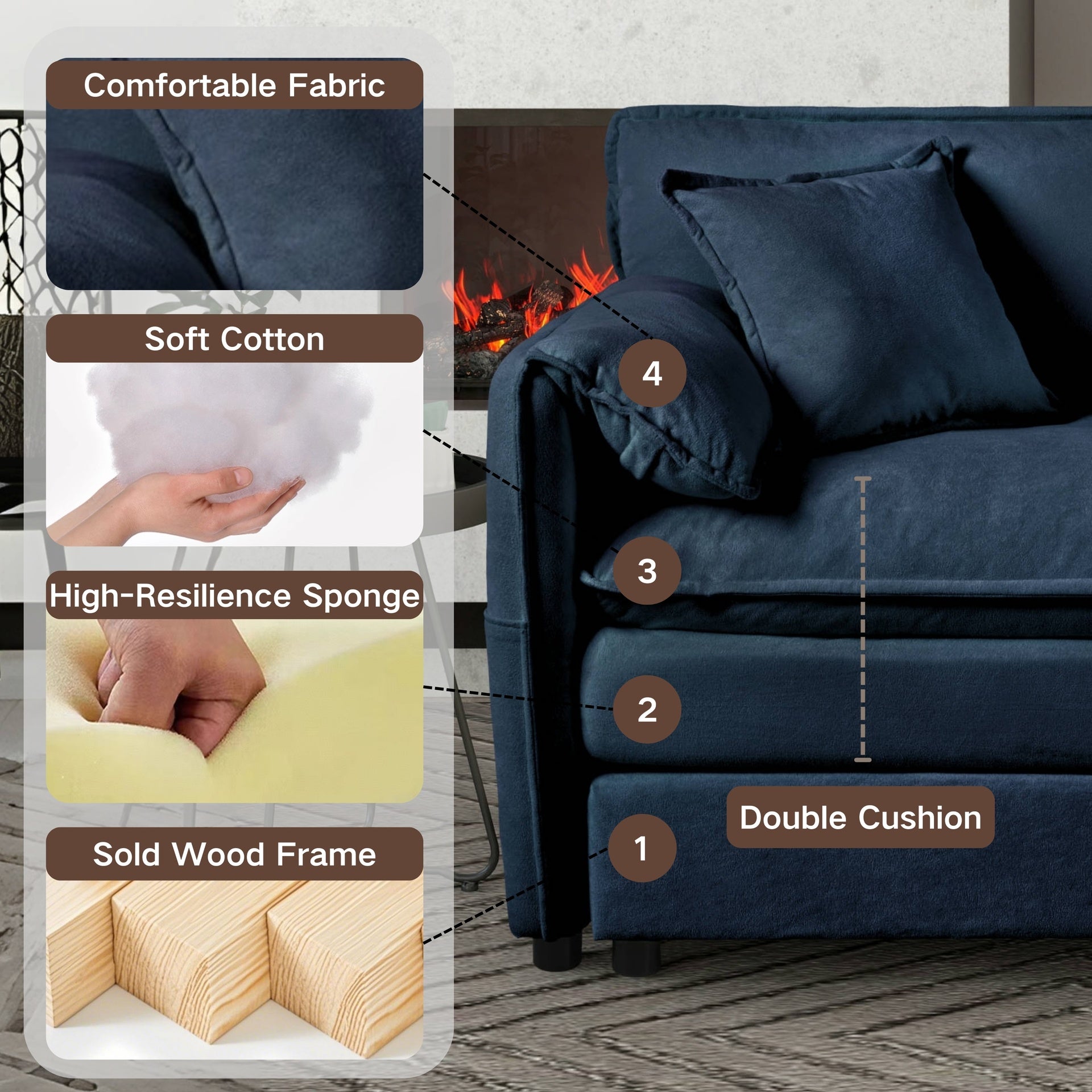 Oversized 41.73" Chenille Armchair with 1 Toss Pillow, Modern Modular Reading Chair for Living Room or Bedroom, Deep-Seat DIY Sectional Sofa,Chenille,Blue