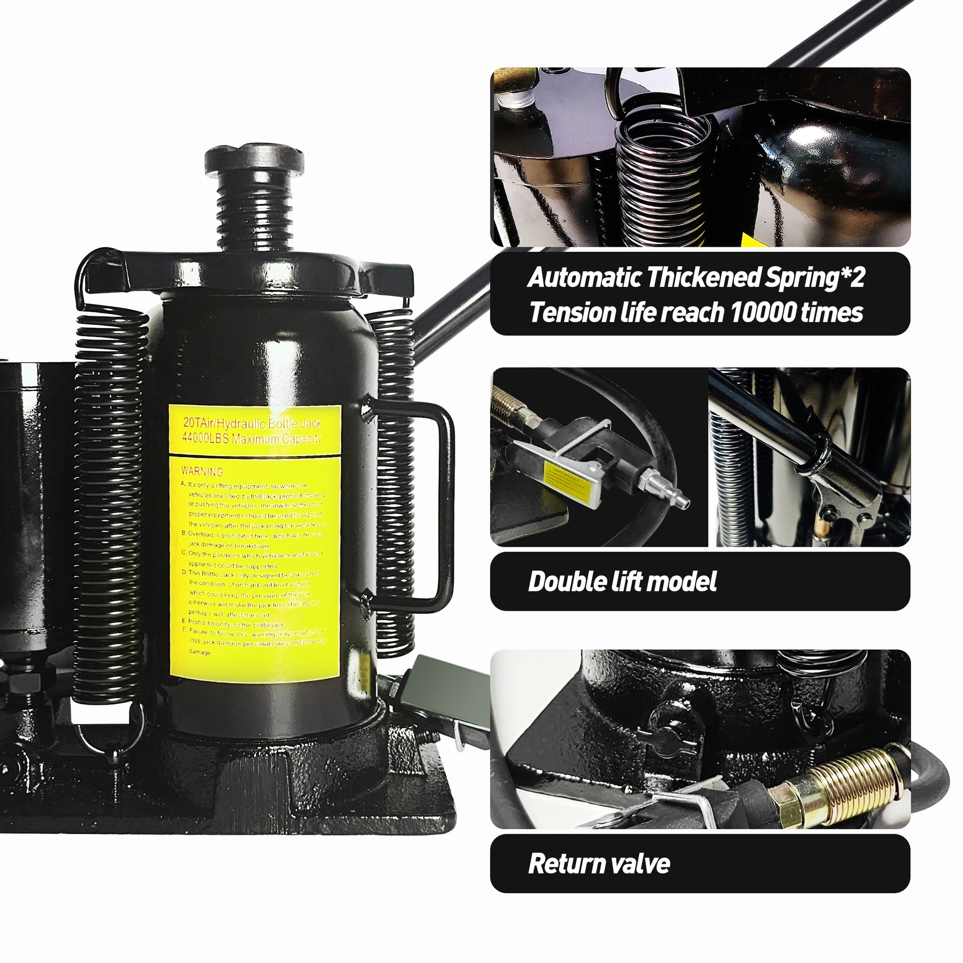 Air Hydraulic Bottle Jack, 20 Ton/40000 LBS Bottle Jack, 10.23-20.07 inch Lifting Range, Manual Handle and Air Pump, for Car, Pickup, Truck, RV, Auto Repair, Industrial Engineering