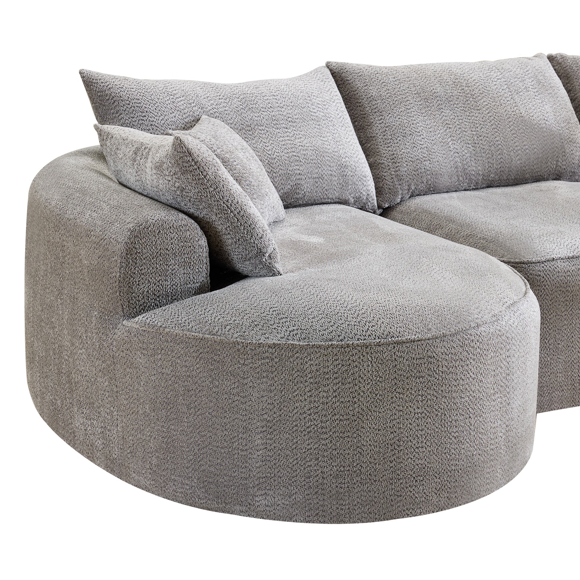 124.5-inch modern compressed boneless sofa, made of grey chenille fabric, comes with 3 back pillows and 4 throw pillows. The high-resilience sponge provides a comfortable  experience.No assembly