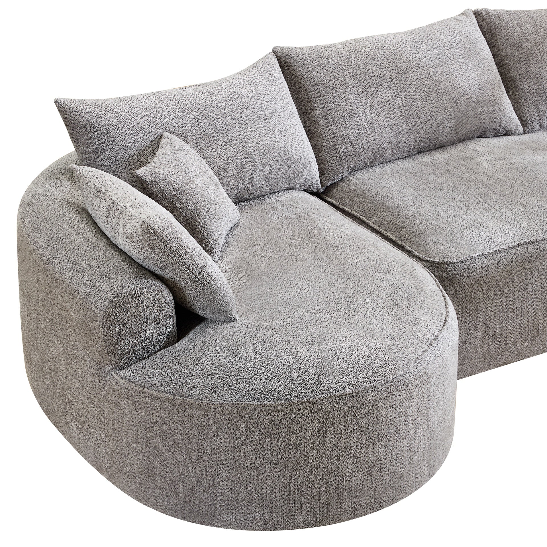 124.5-inch modern compressed boneless sofa, made of grey chenille fabric, comes with 3 back pillows and 4 throw pillows. The high-resilience sponge provides a comfortable  experience.No assembly