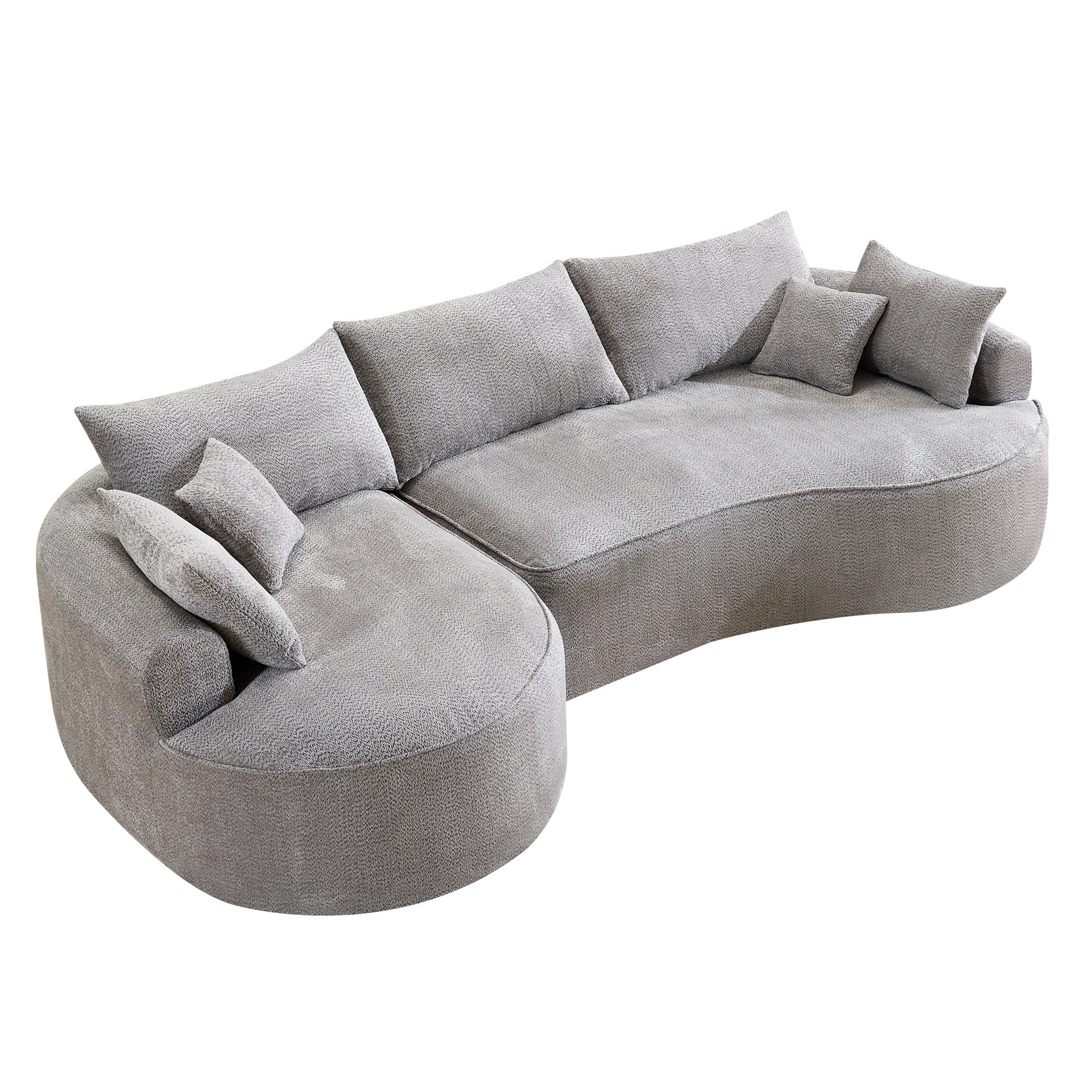 124.5-inch modern compressed boneless sofa, made of grey chenille fabric, comes with 3 back pillows and 4 throw pillows. The high-resilience sponge provides a comfortable  experience.No assembly