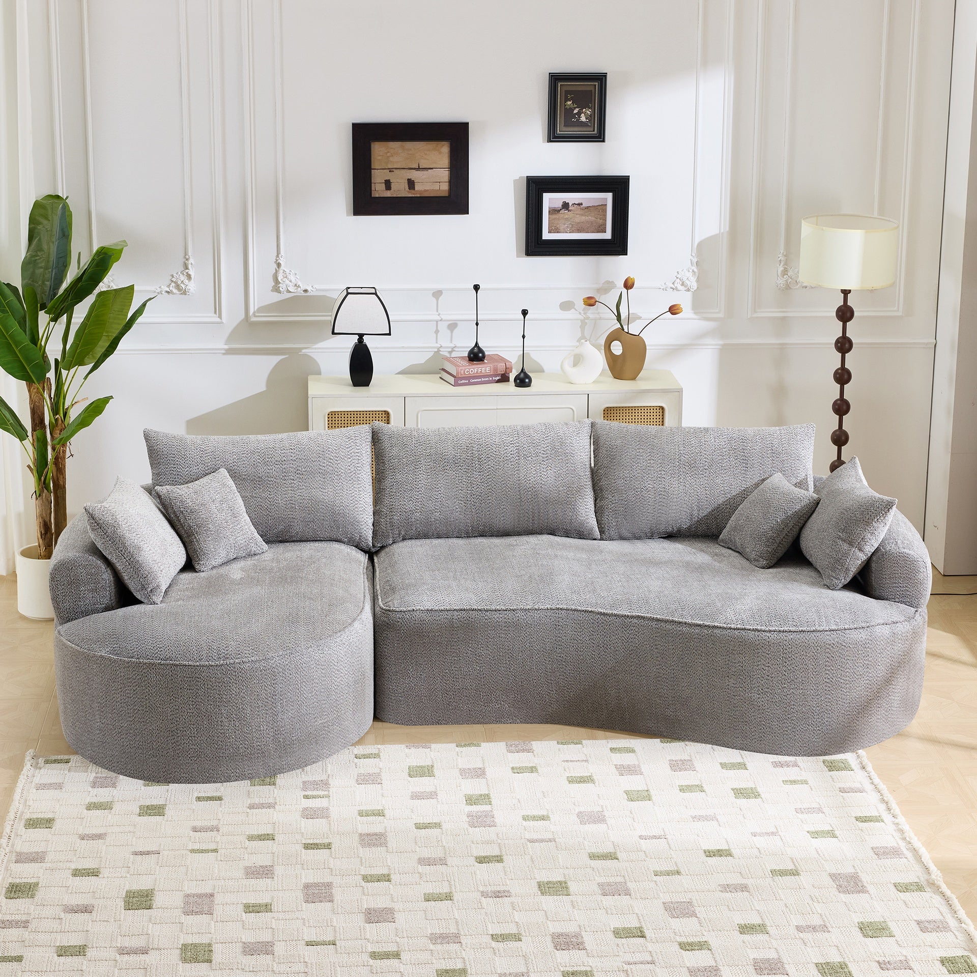 124.5-inch modern compressed boneless sofa, made of grey chenille fabric, comes with 3 back pillows and 4 throw pillows. The high-resilience sponge provides a comfortable  experience.No assembly