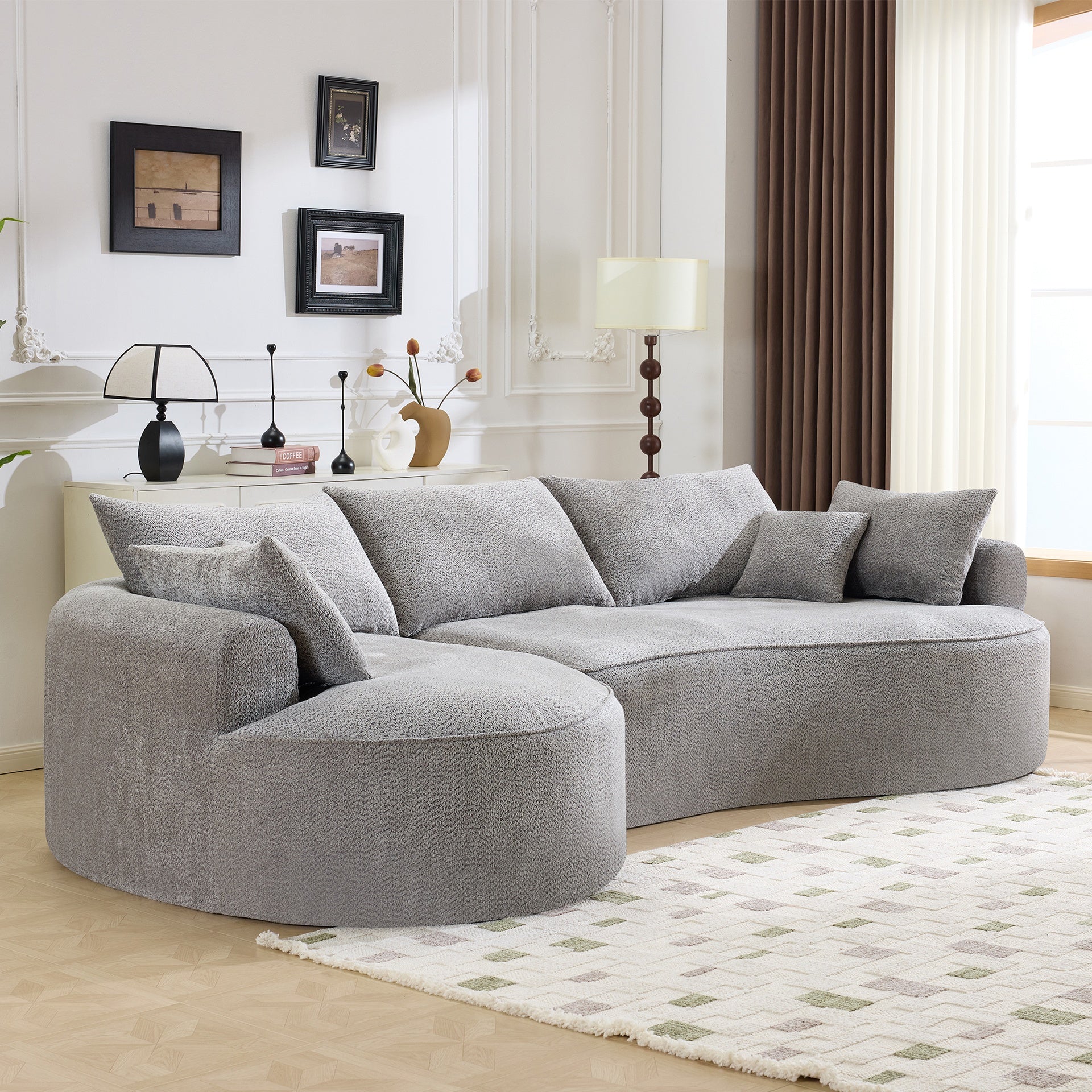 124.5-inch modern compressed boneless sofa, made of grey chenille fabric, comes with 3 back pillows and 4 throw pillows. The high-resilience sponge provides a comfortable  experience.No assembly
