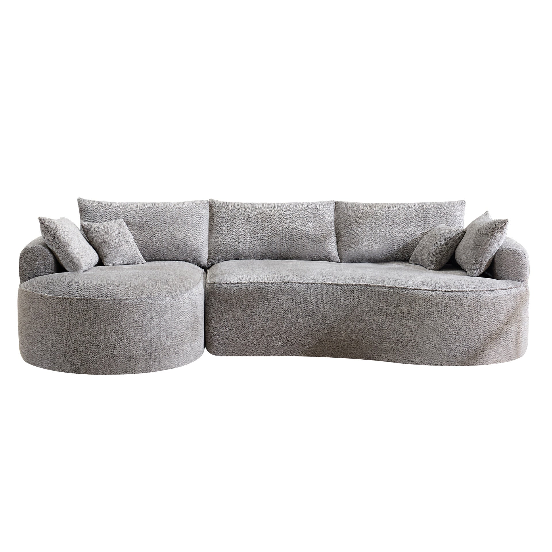 124.5-inch modern compressed boneless sofa, made of grey chenille fabric, comes with 3 back pillows and 4 throw pillows. The high-resilience sponge provides a comfortable  experience.No assembly