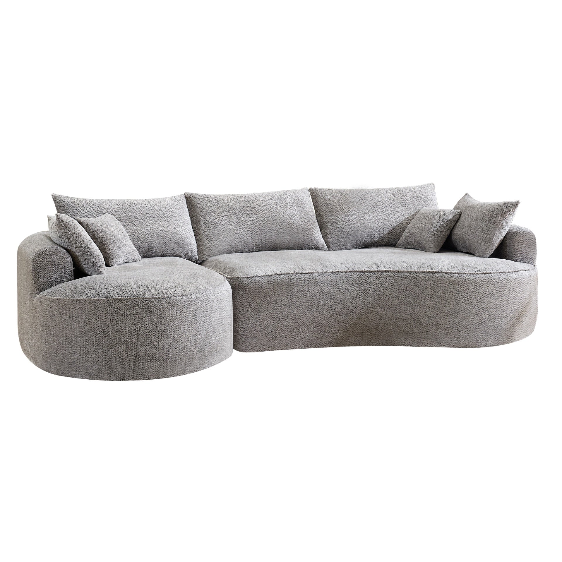 124.5-inch modern compressed boneless sofa, made of grey chenille fabric, comes with 3 back pillows and 4 throw pillows. The high-resilience sponge provides a comfortable  experience.No assembly