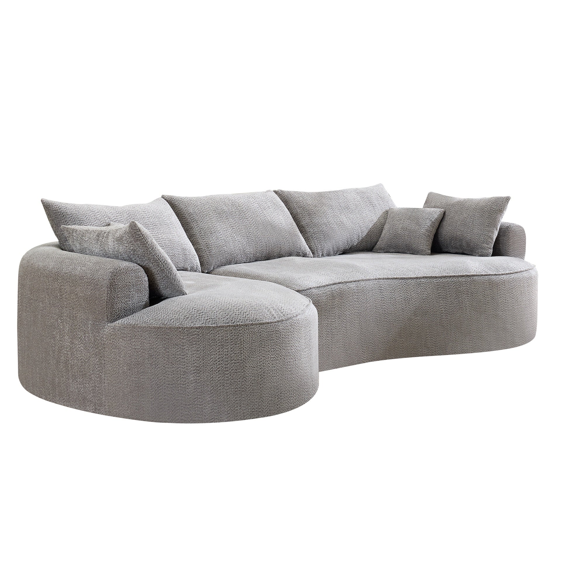 124.5-inch modern compressed boneless sofa, made of grey chenille fabric, comes with 3 back pillows and 4 throw pillows. The high-resilience sponge provides a comfortable  experience.No assembly