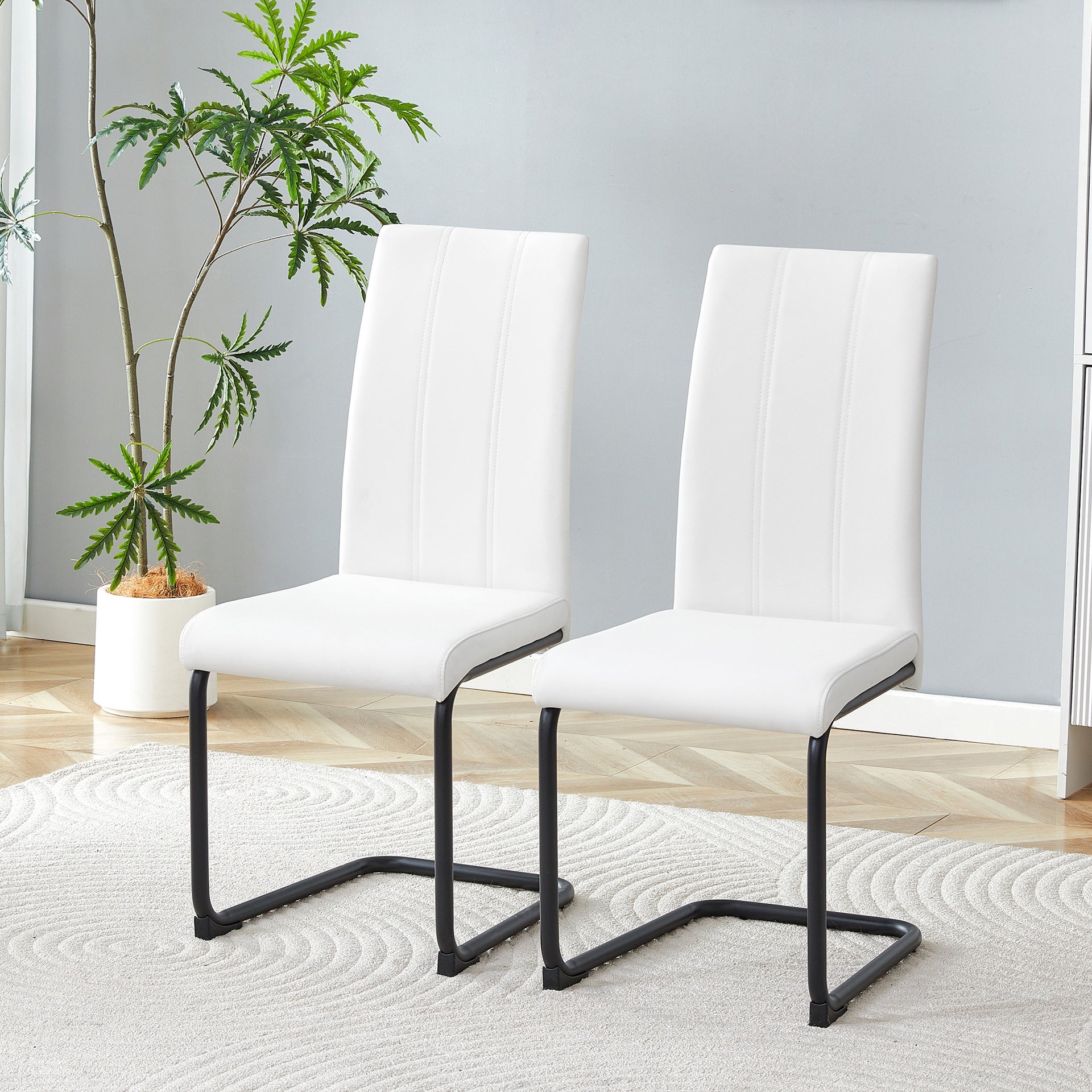 2-Pack White PU Upholstered Dining Chairs - Modern Kitchen Side Chairs with Sturdy Black Powder-Coated Metal Tube Legs, Comfortable High-Back Seating for Dining Room, Kitchen & Living Room