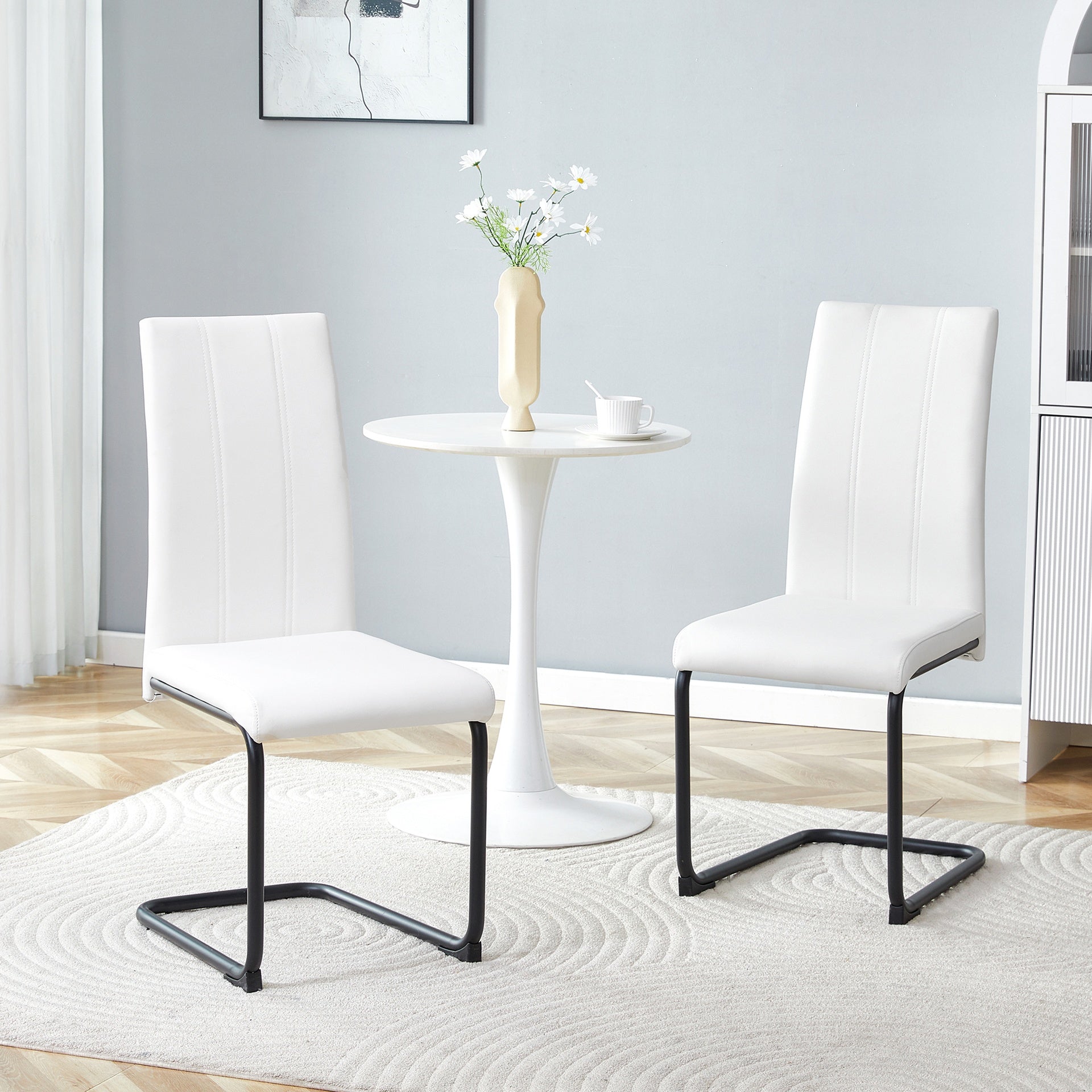 2-Pack White PU Upholstered Dining Chairs - Modern Kitchen Side Chairs with Sturdy Black Powder-Coated Metal Tube Legs, Comfortable High-Back Seating for Dining Room, Kitchen & Living Room