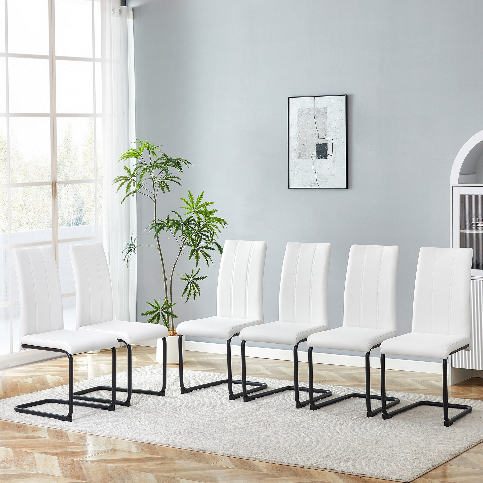 2-Pack White PU Upholstered Dining Chairs - Modern Kitchen Side Chairs with Sturdy Black Powder-Coated Metal Tube Legs, Comfortable High-Back Seating for Dining Room, Kitchen & Living Room