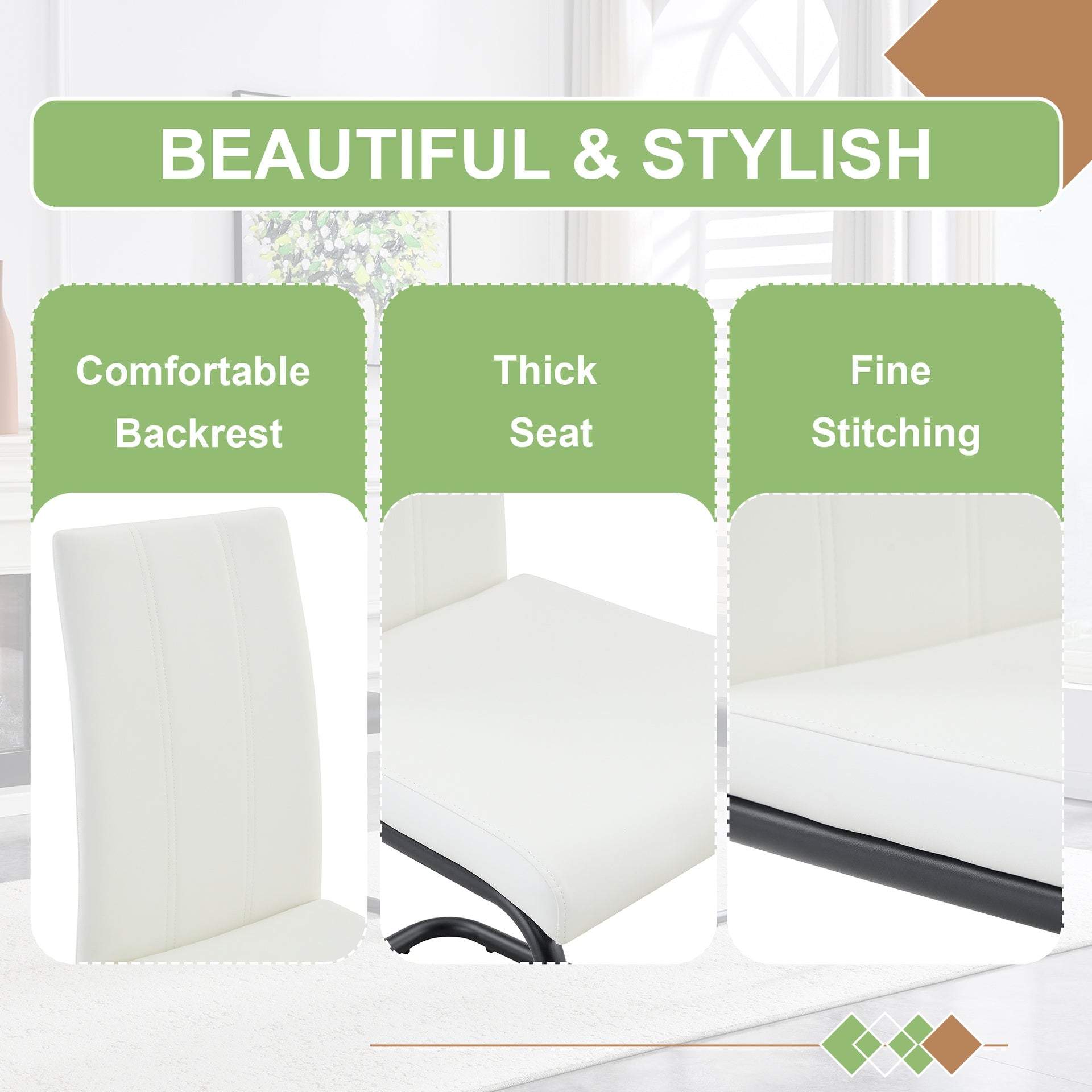 2-Pack White PU Upholstered Dining Chairs - Modern Kitchen Side Chairs with Sturdy Black Powder-Coated Metal Tube Legs, Comfortable High-Back Seating for Dining Room, Kitchen & Living Room