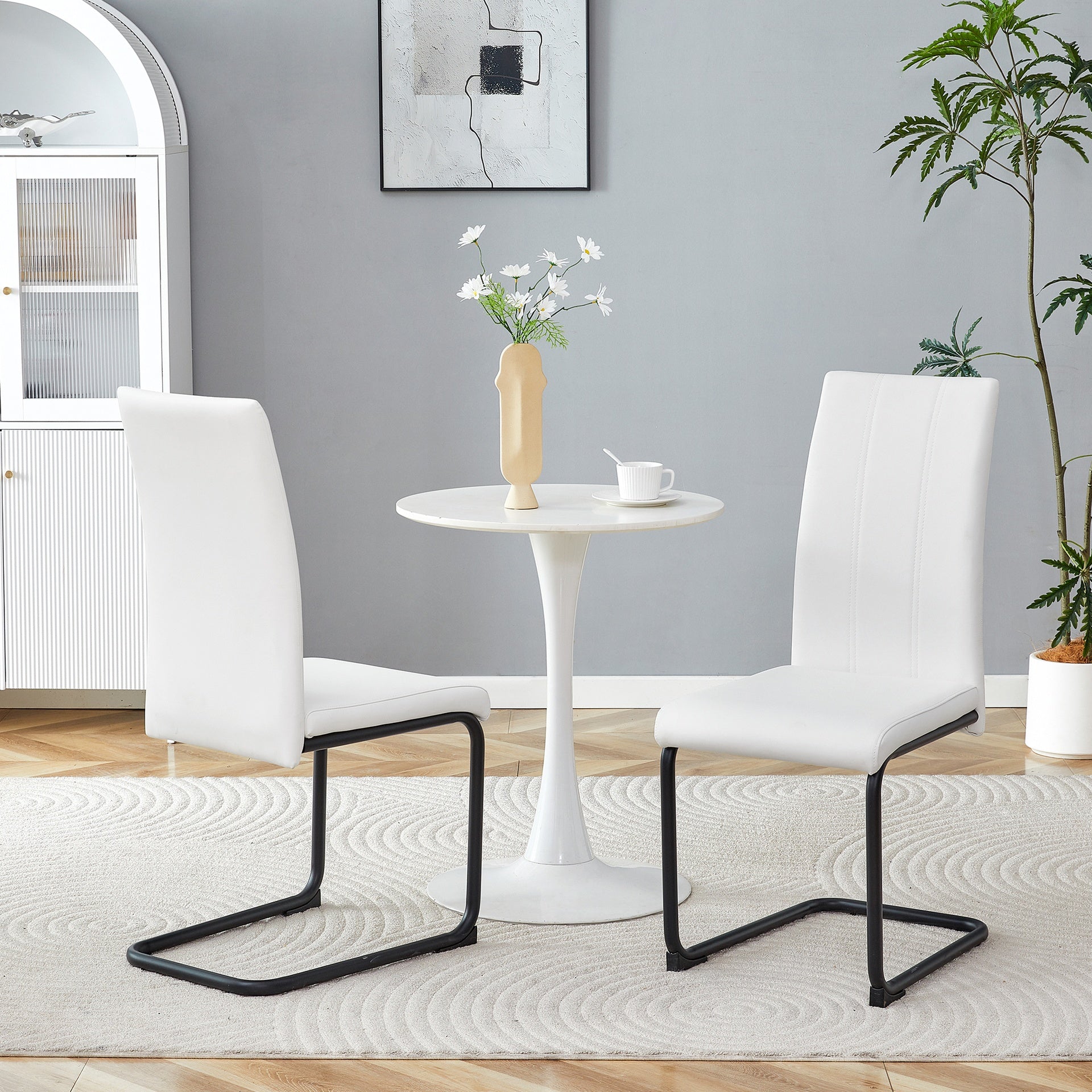 2-Pack White PU Upholstered Dining Chairs - Modern Kitchen Side Chairs with Sturdy Black Powder-Coated Metal Tube Legs, Comfortable High-Back Seating for Dining Room, Kitchen & Living Room
