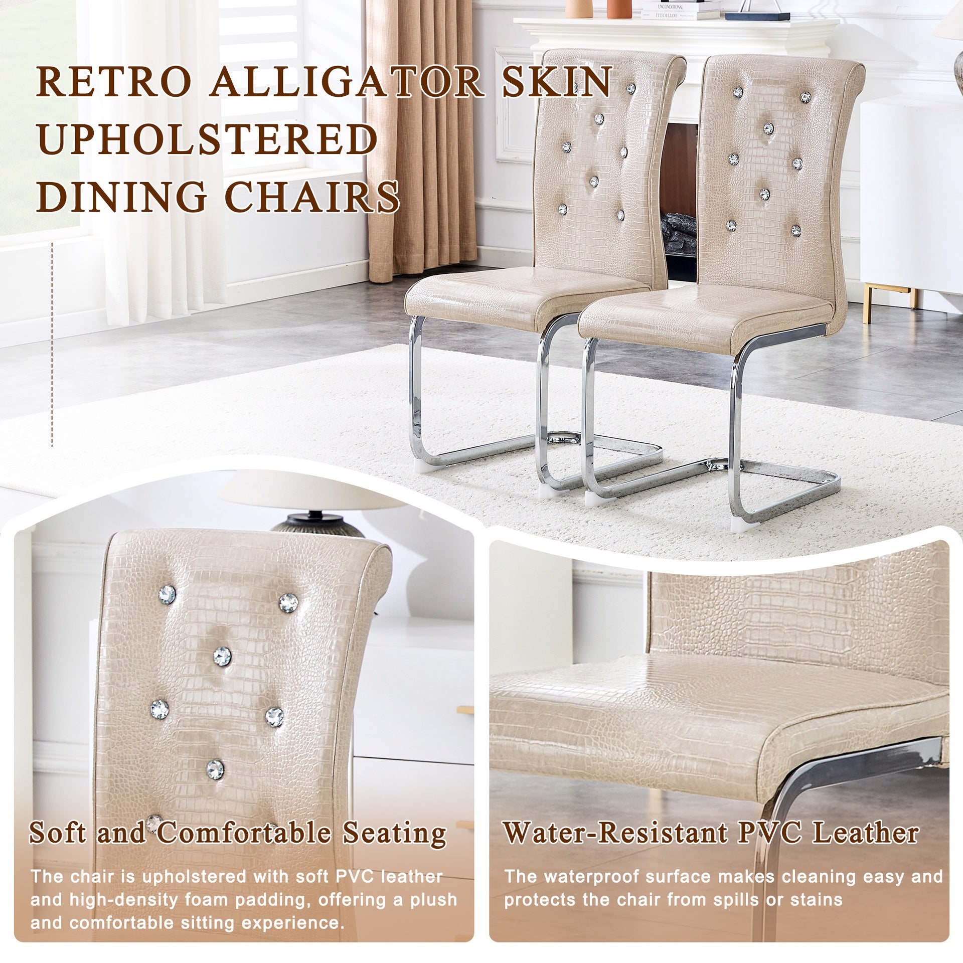 Set of 4,Retro alligator skin Upholstered dining chairs,with Crystal buckle design and Faux Leather design,a touch of elegance and mystery to the dining area,Electroplated metal bow leg