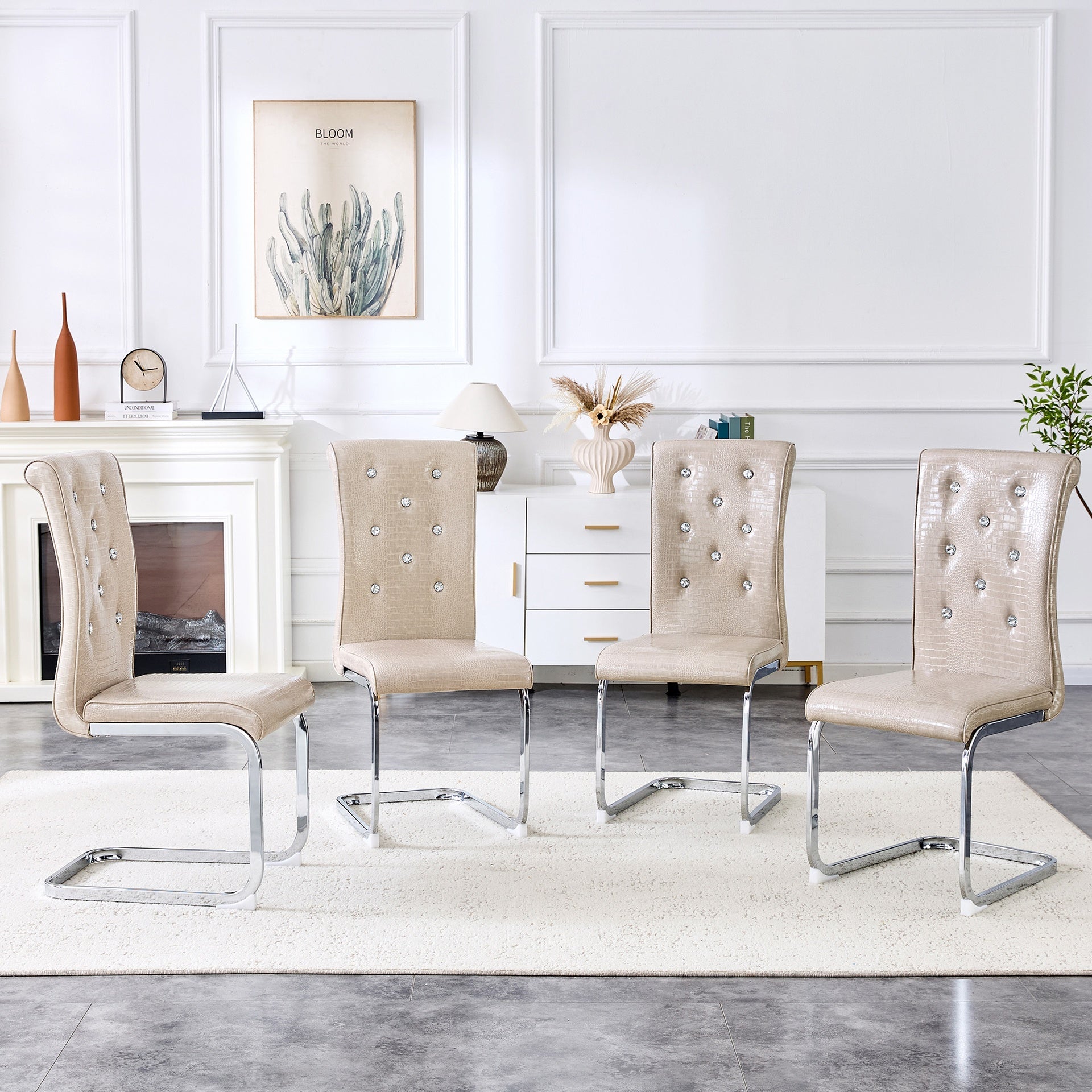 Set of 4,Retro alligator skin Upholstered dining chairs,with Crystal buckle design and Faux Leather design,a touch of elegance and mystery to the dining area,Electroplated metal bow leg