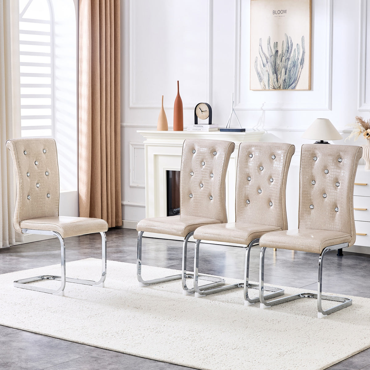Set of 4,Retro alligator skin Upholstered dining chairs,with Crystal buckle design and Faux Leather design,a touch of elegance and mystery to the dining area,Electroplated metal bow leg