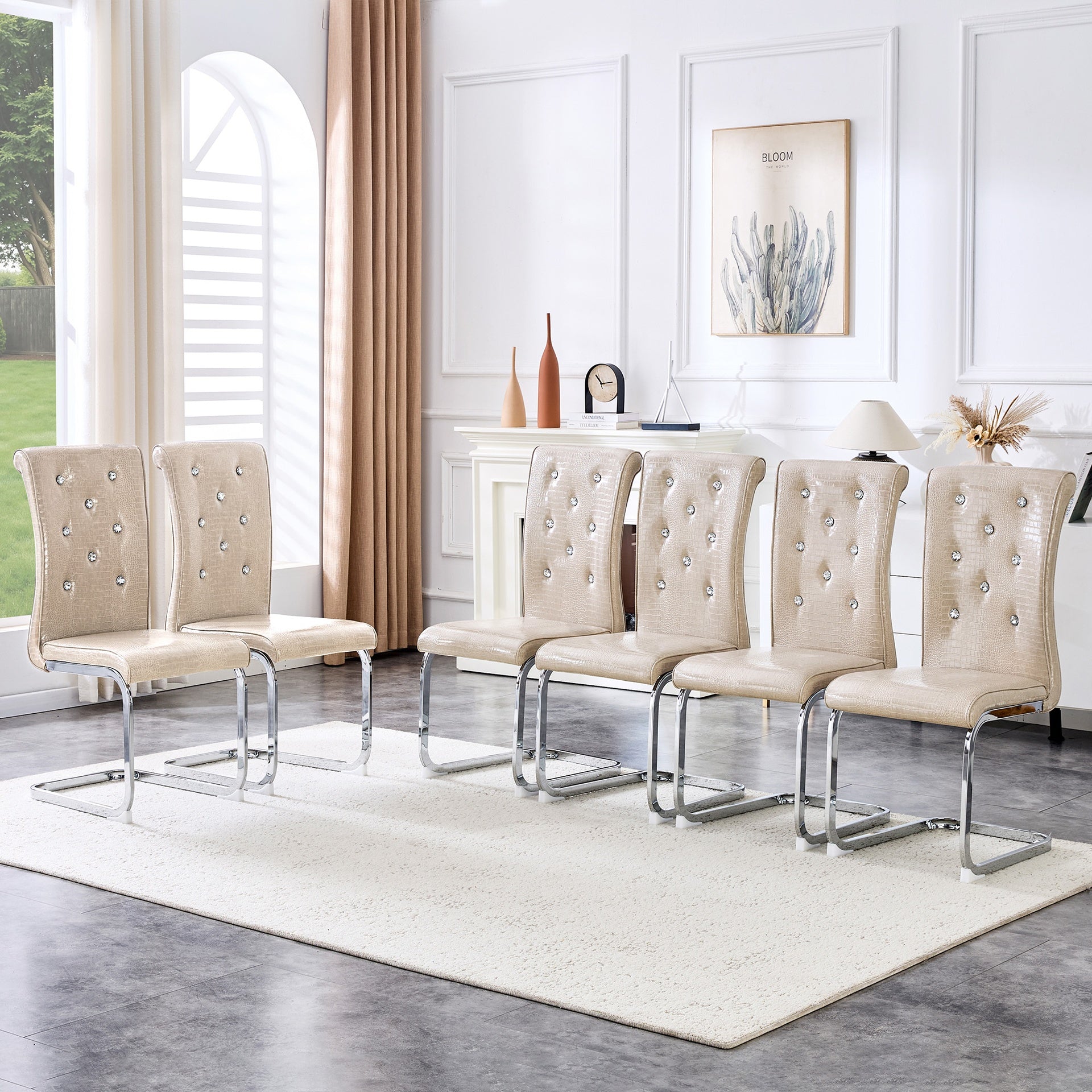Set of 4,Retro alligator skin Upholstered dining chairs,with Crystal buckle design and Faux Leather design,a touch of elegance and mystery to the dining area,Electroplated metal bow leg