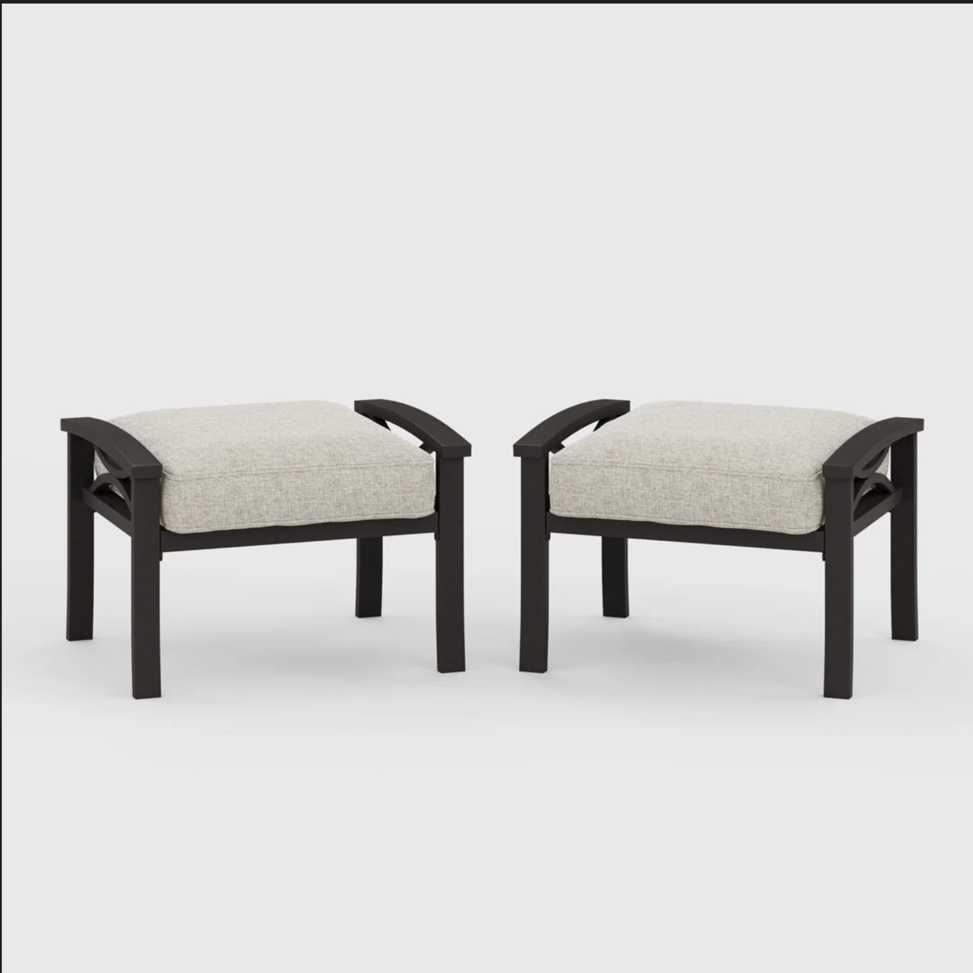 Set of 2 All-Weather 26” Width Metal Ottomans, Black Frame with Gray Cushions