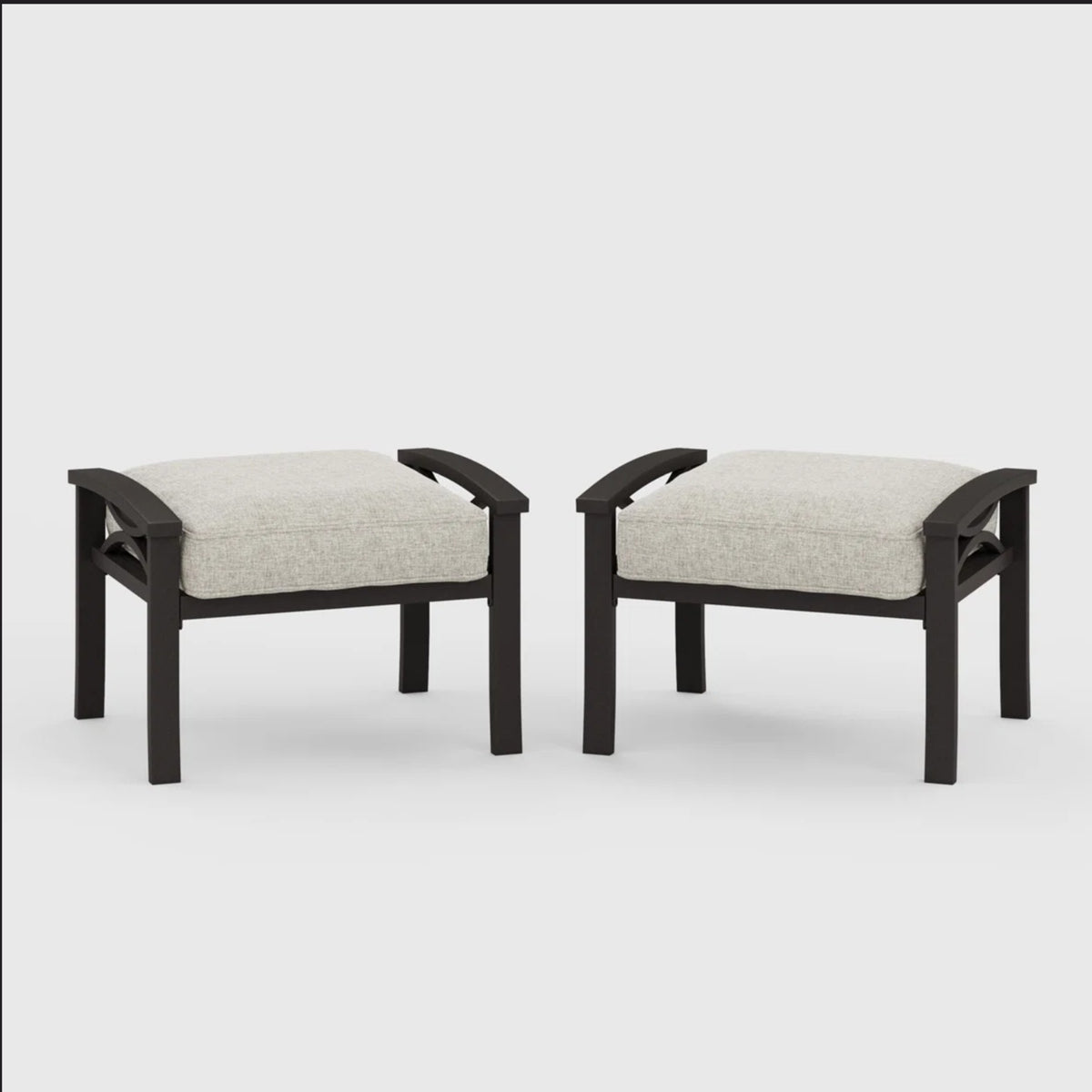 Set of 2 All-Weather 26” Width Metal Ottomans, Black Frame with Gray Cushions