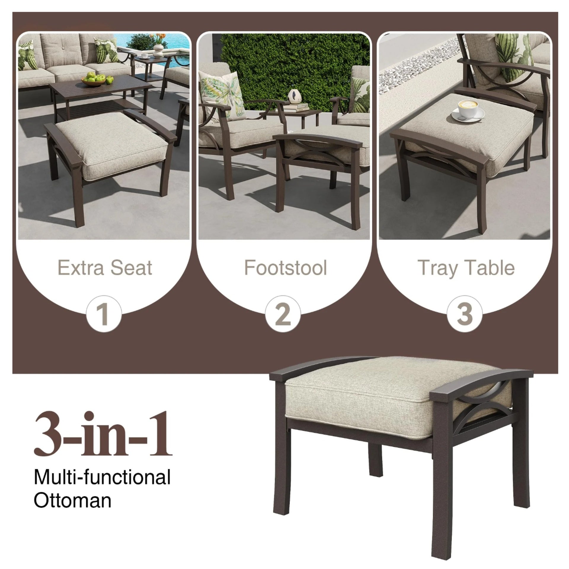 Set of 2 All-Weather 26” Width Metal Ottomans, Black Frame with Gray Cushions