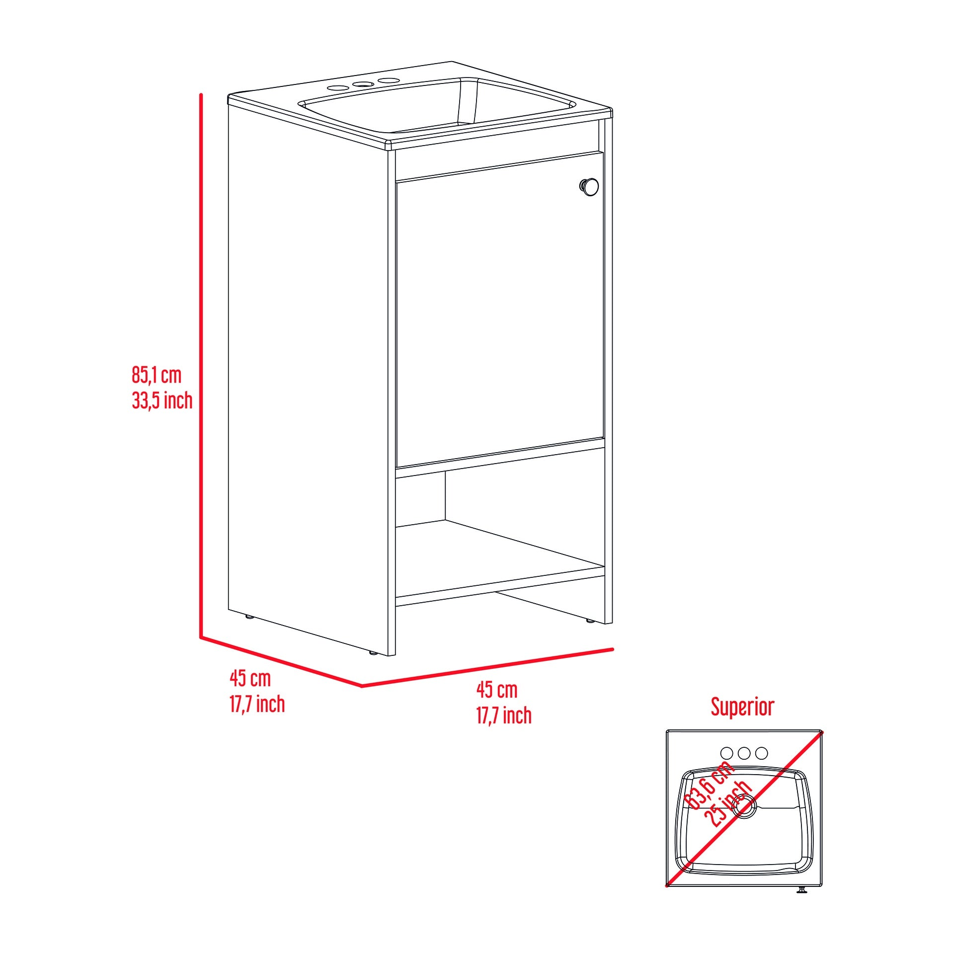 Jane Bathroom Vanity, Single Door Cabinet, Two Shelves -White
