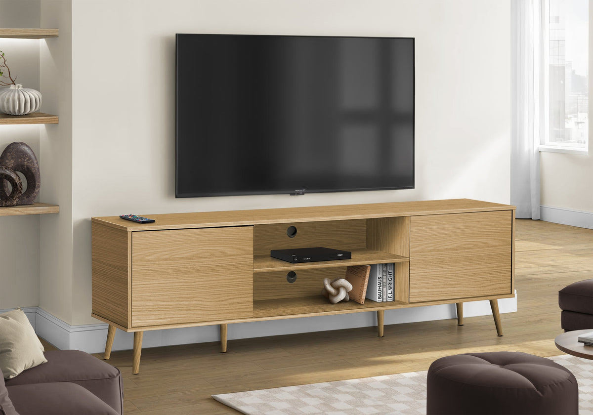 Tv Stand, 72 Inch, Console, Media Entertainment Center, Storage Cabinet, Living Room, Bedroom, Natural Laminate, Wood Legs, Contemporary, Modern