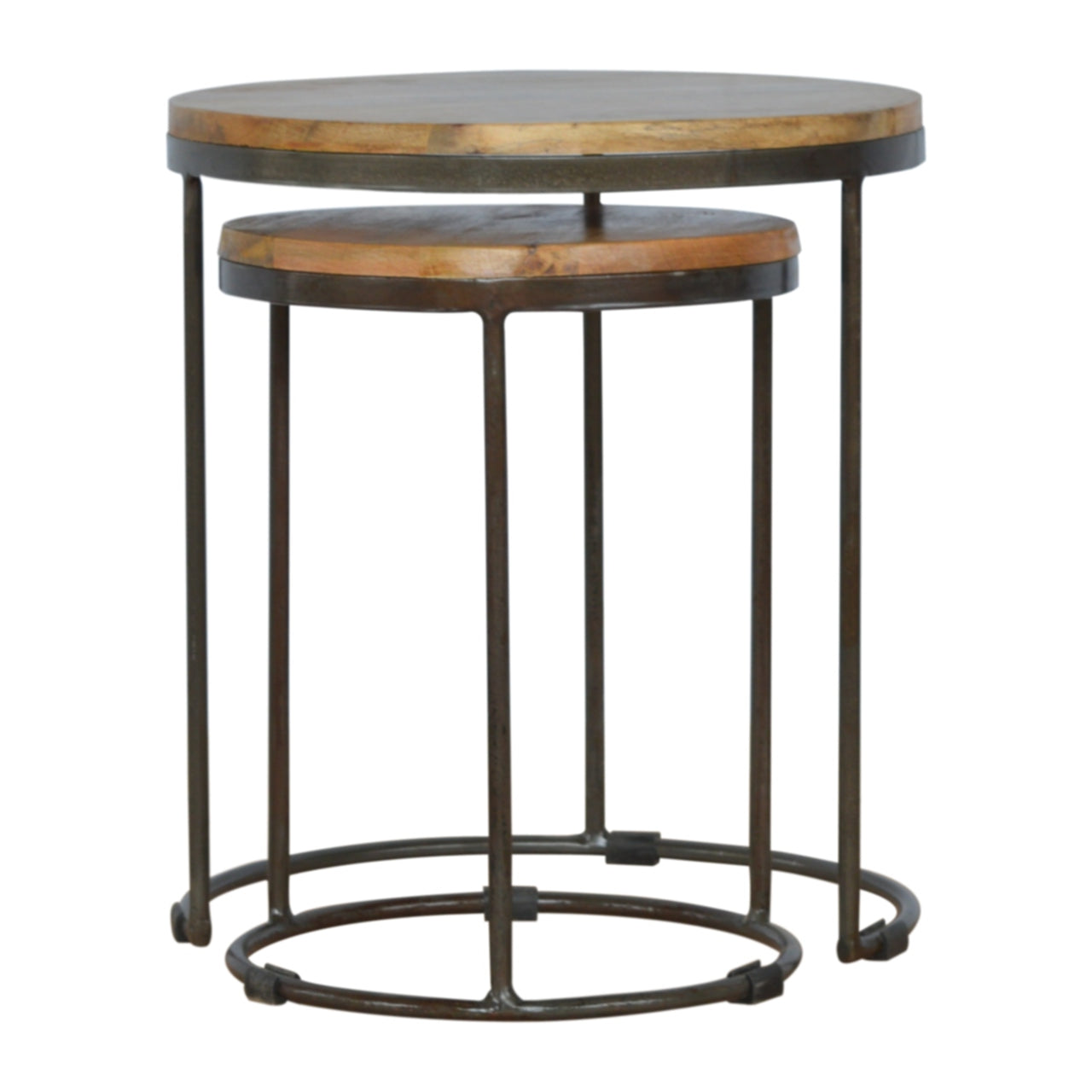 Solid Wood Round Stool with Iron Base, Set of 2, Light Brown