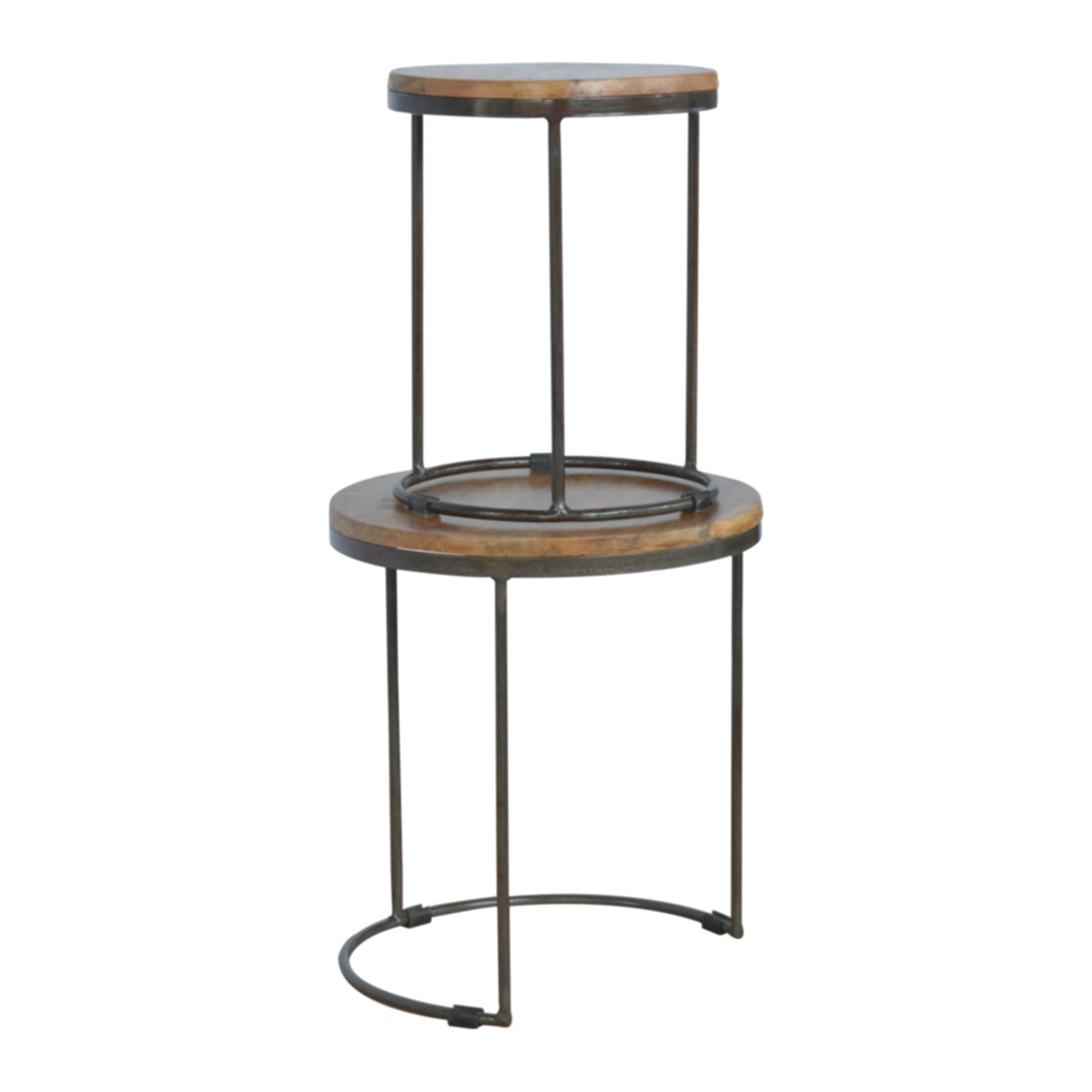 Solid Wood Round Stool with Iron Base, Set of 2, Light Brown