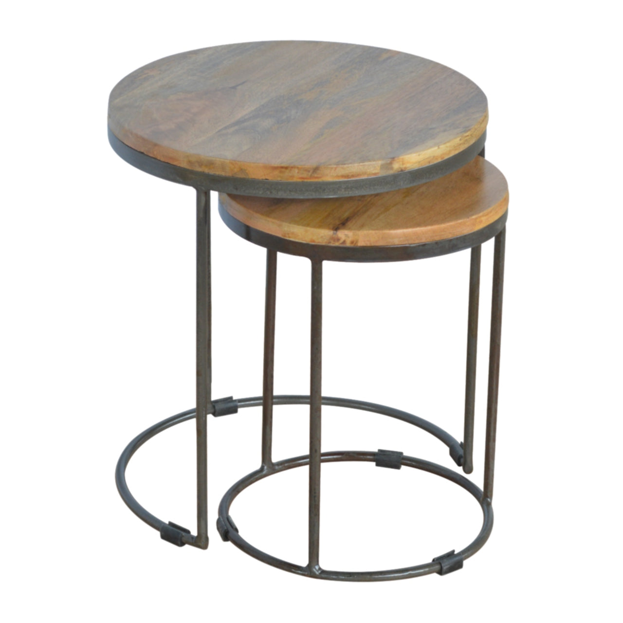 Solid Wood Round Stool with Iron Base, Set of 2, Light Brown