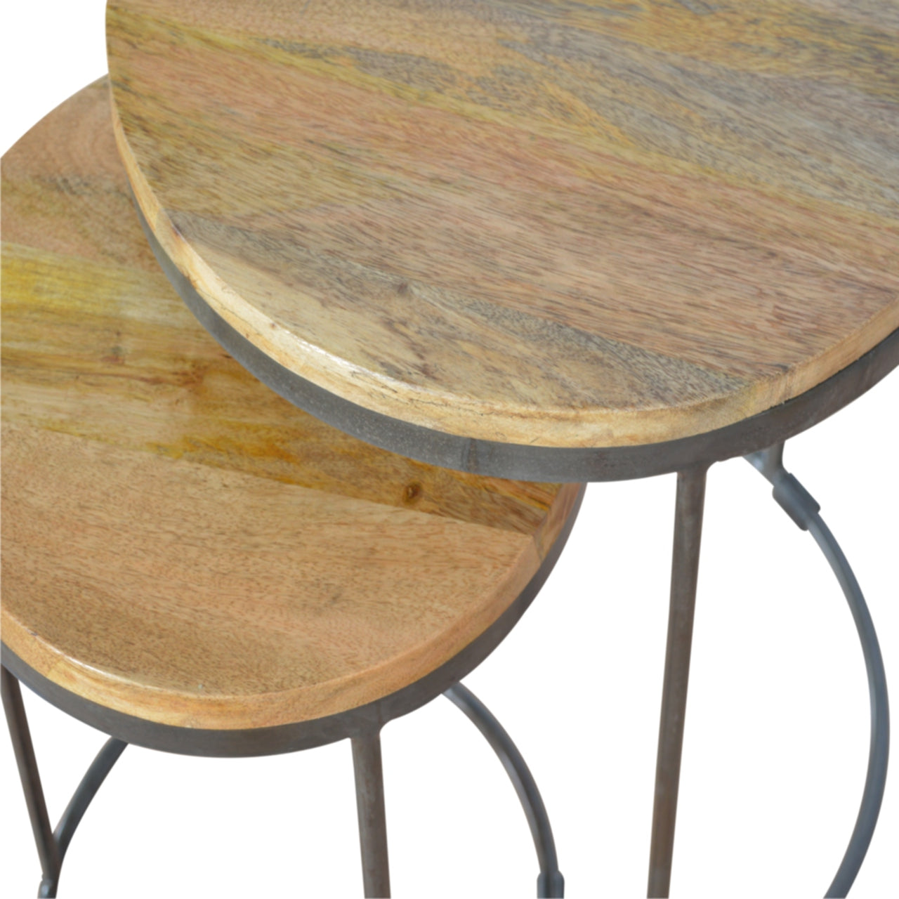 Solid Wood Round Stool with Iron Base, Set of 2, Light Brown