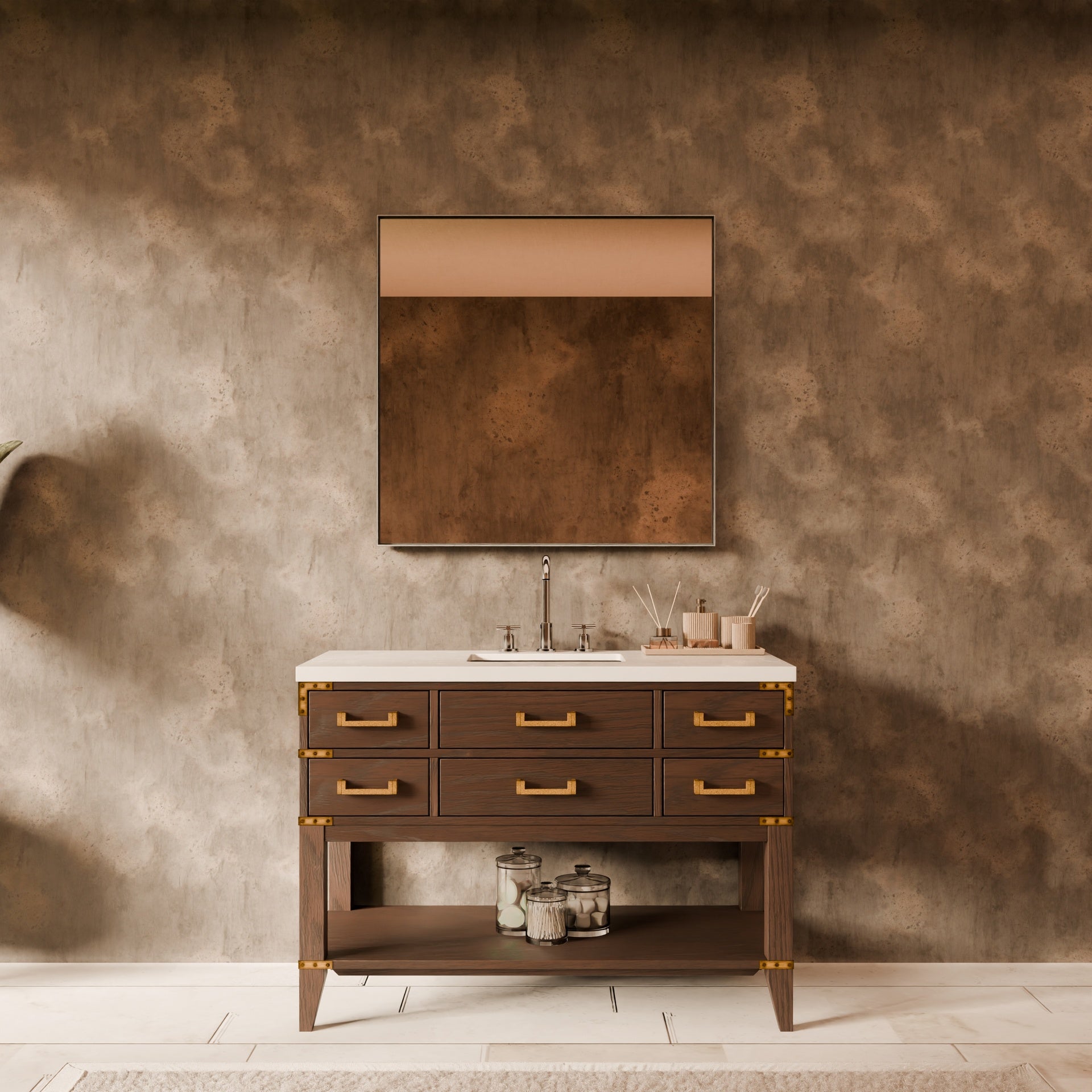 Brown Oak Single Bath Vanity 48 in. W x 22 in. D, White Quartz Top, and 46 in. Mirror