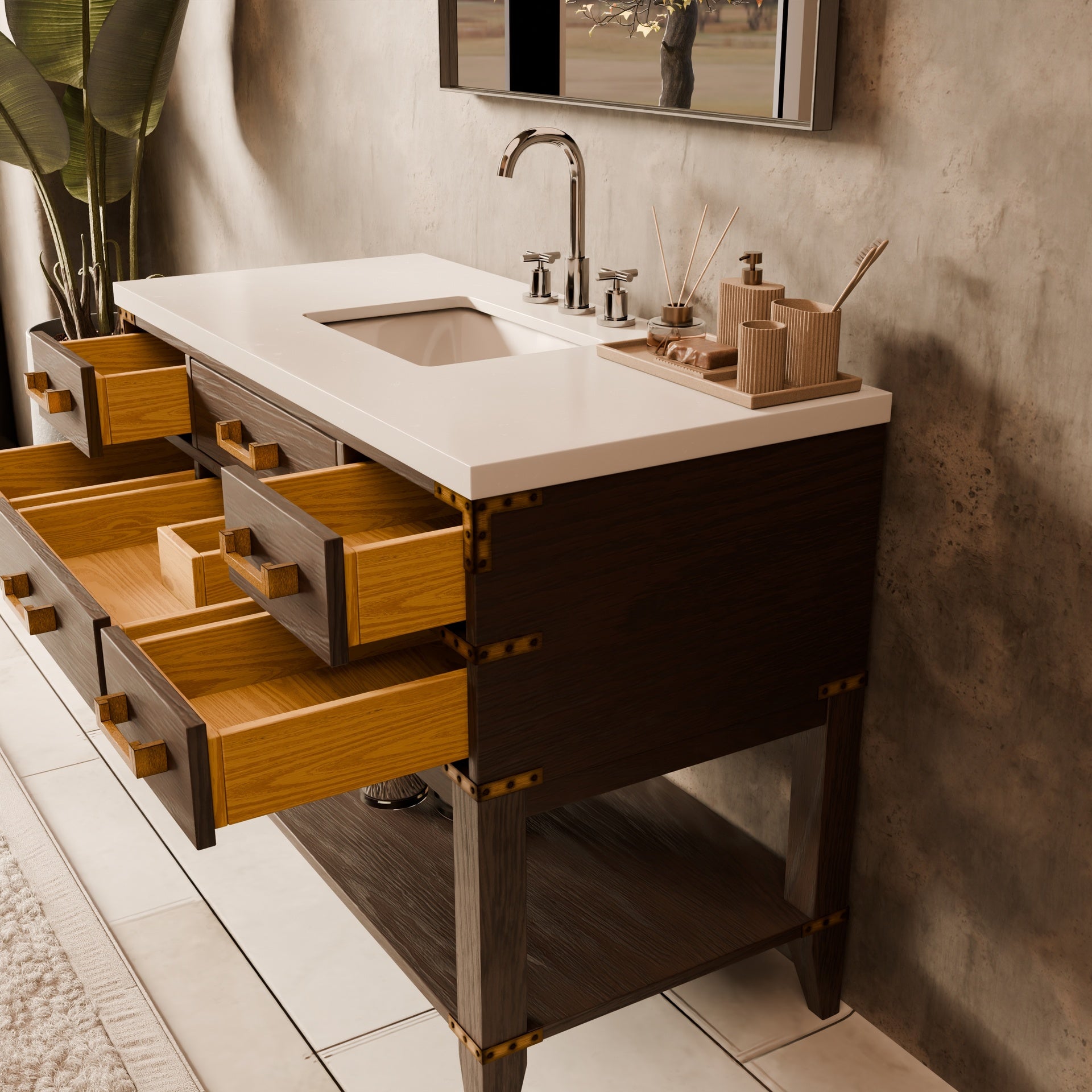 Brown Oak Single Bath Vanity 48 in. W x 22 in. D, White Quartz Top, and 46 in. Mirror