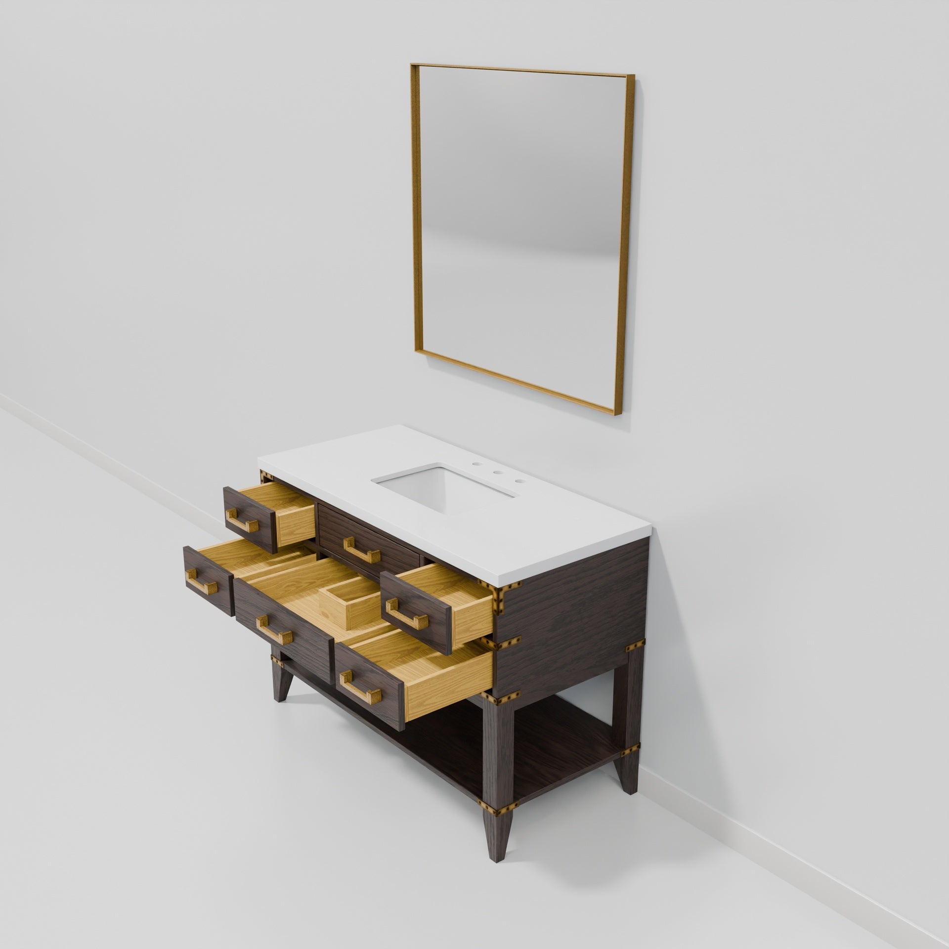 Brown Oak Single Bath Vanity 48 in. W x 22 in. D, White Quartz Top, and 46 in. Mirror