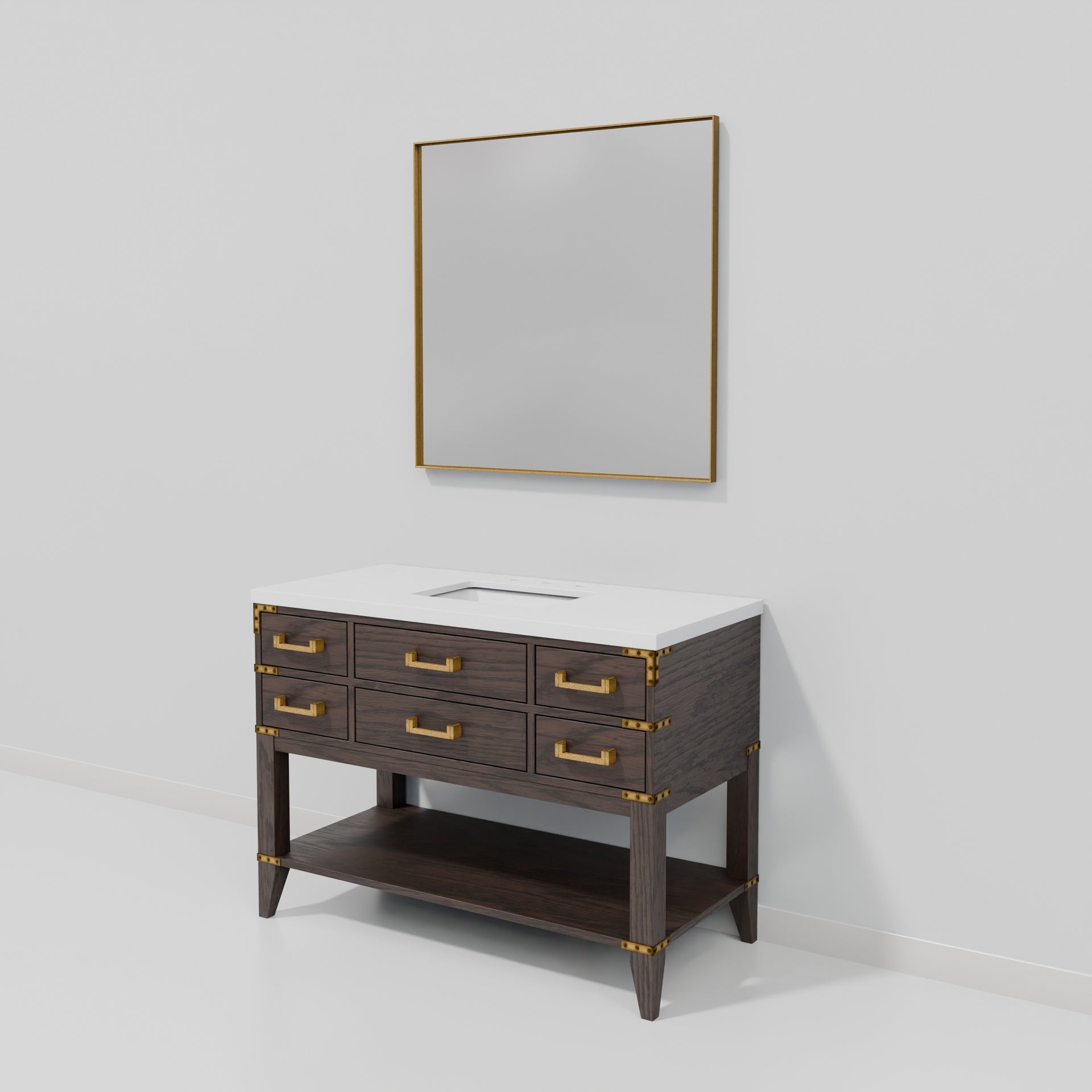 Brown Oak Single Bath Vanity 48 in. W x 22 in. D, White Quartz Top, and 46 in. Mirror