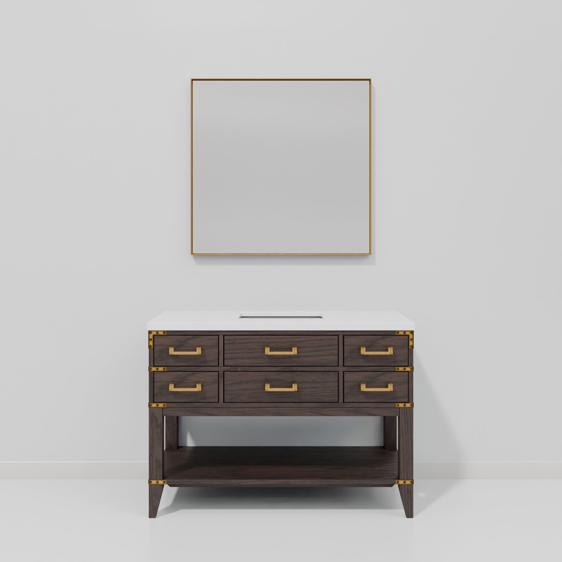 Brown Oak Single Bath Vanity 48 in. W x 22 in. D, White Quartz Top, and 46 in. Mirror