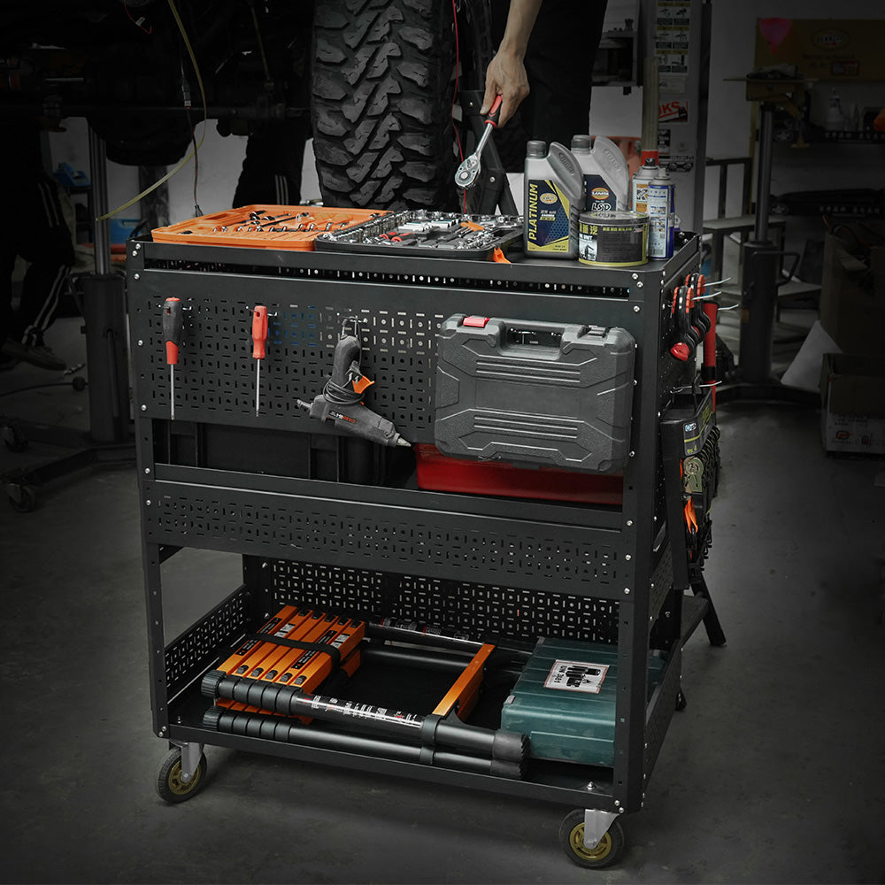 3-Tier  DIY Detachable Utility Cart Storage Tool Cart With Steel Pegboard, Foldable Rolling Tool Cart with Wheels For Garage Organizer and Tool Storage