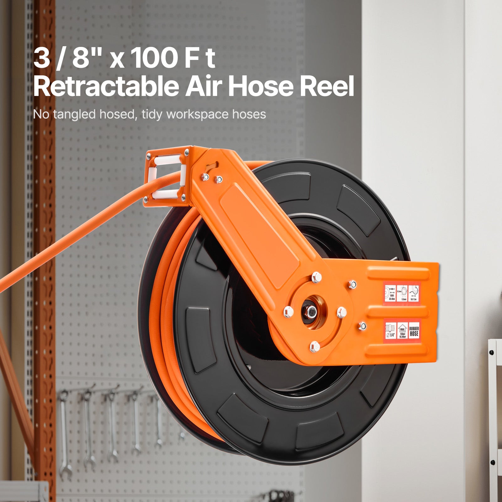 Retractable Air Hose Reel 3/8 IN x 100 FT Rubber Air Hose Reel Max 300 PSI
